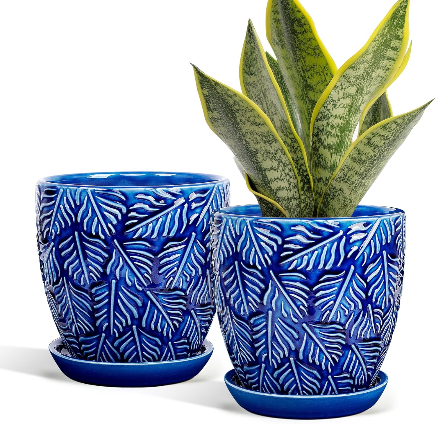 EFISPSS 6 Inch Plant Pots, Ceramic Plant Pots with Drainage Hole and Saucer, Indoor/Outdoor Flower Pots, Set of 2 - Blue