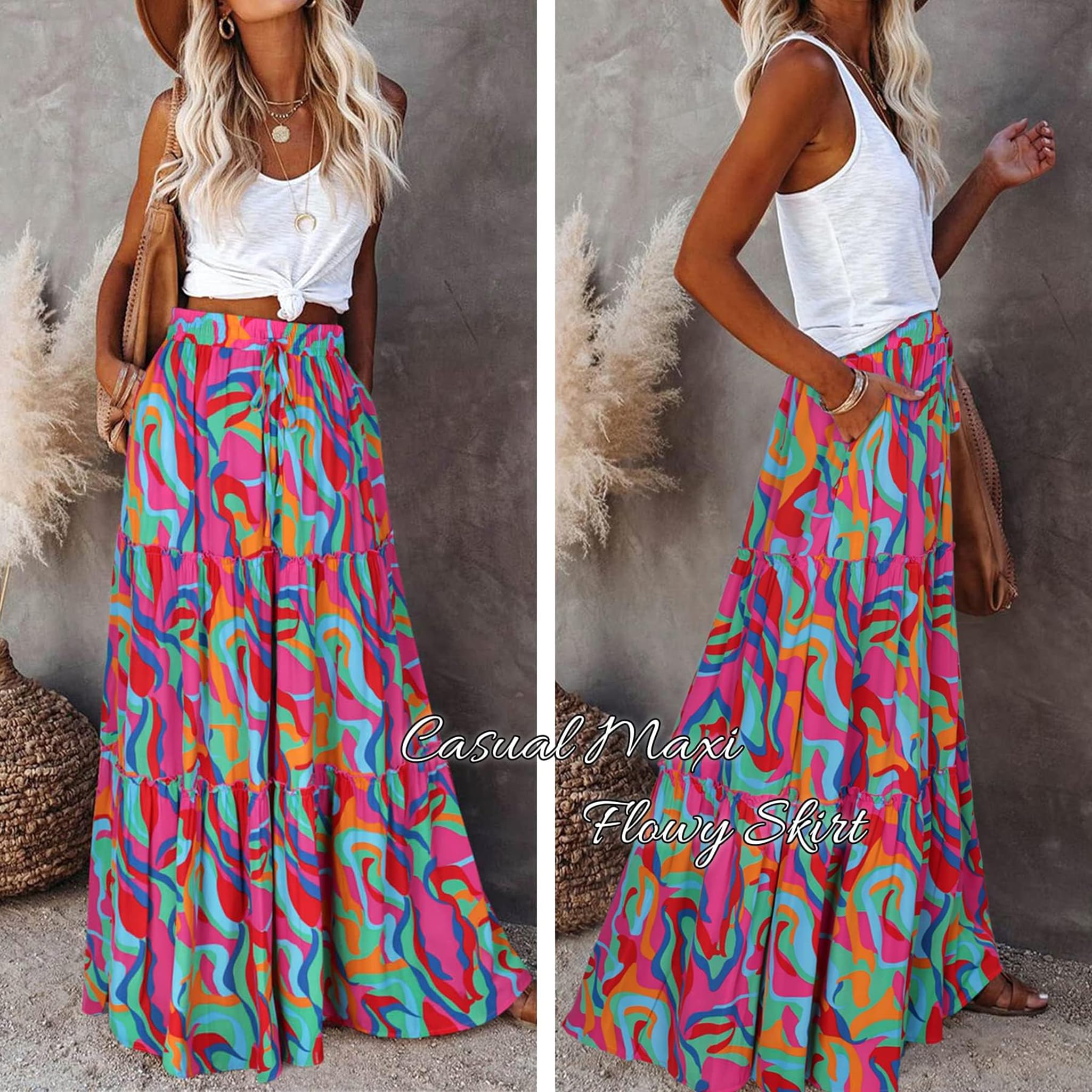 Timuspo Maxirock für Damen, Sommer, lang, fließend, A-Linie, Boho, hohe elastische Taille, Faltenrock mit 2 Taschen