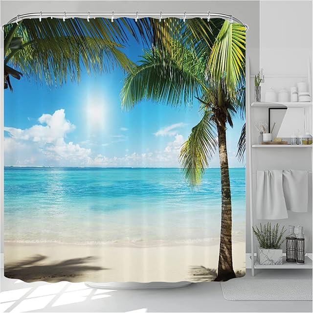 NiCoLa Shower Curtains Waterproof Curtain for Bathroom Shower with 12 Hooks, 3D Washable Shower Curtain, Beach Scene Shower Curtain for Wet Room 72 * 78 Inch (180 x 200 cm, Sky Blue)