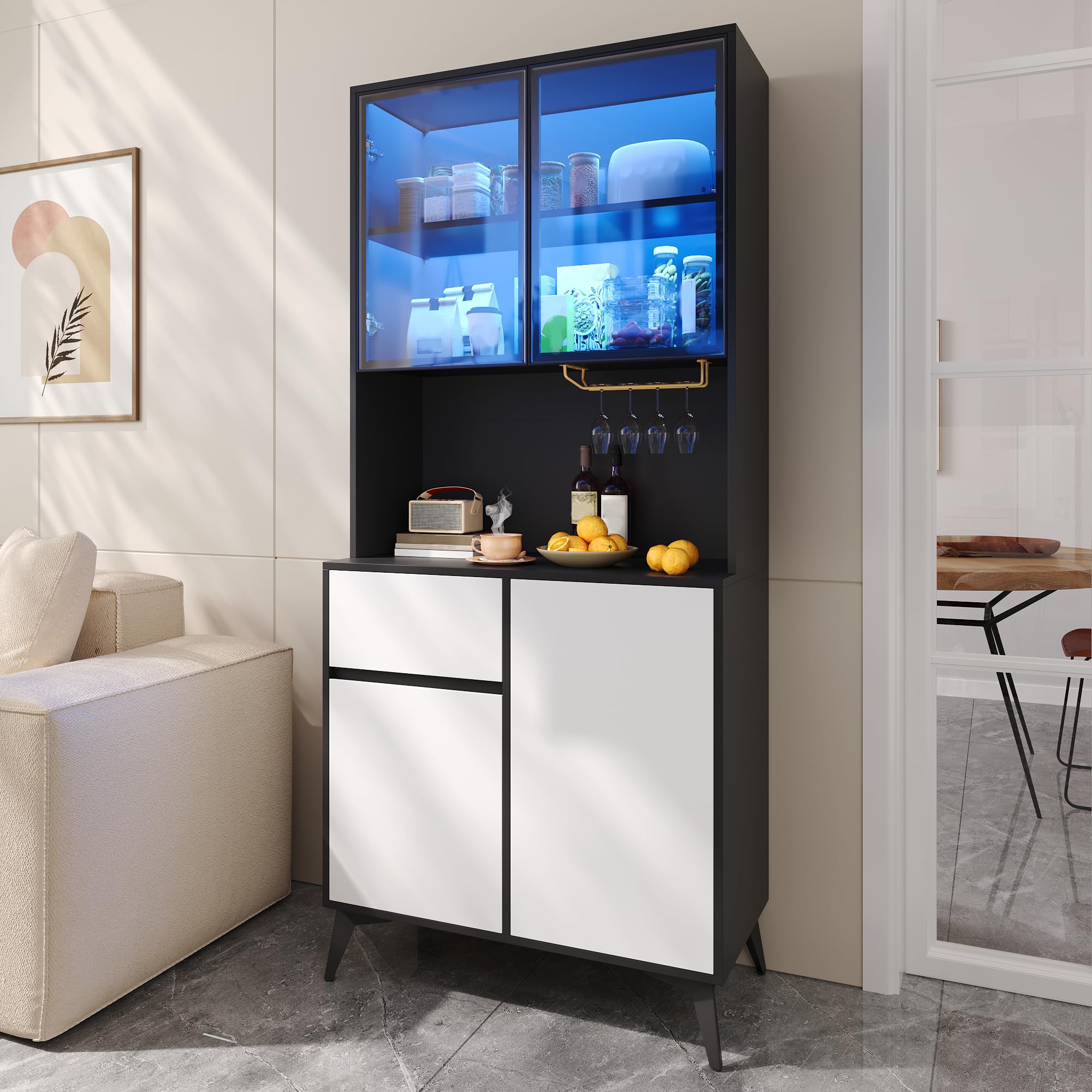 Dolamaní Witryna 80 dł. x 40 szer. x 180 wys. (cm) czarno-biała, szklana witryna i szafka bufetowa, zintegrowana lampa LED, szafka z korpusem MDF, kredens do kuchni i salonu (C)
