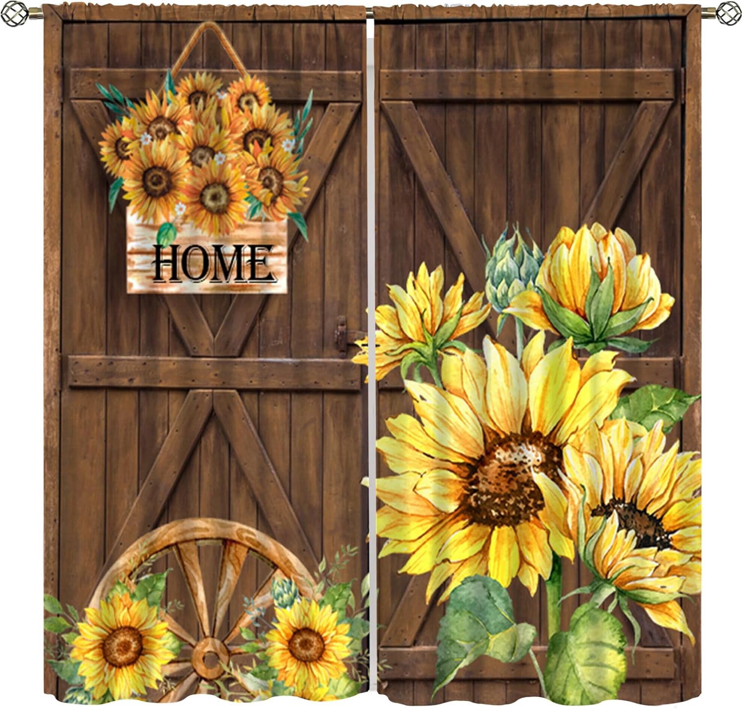 Farmhouse Sunflower Curtains, Retro Farm Wooden Barn Door Sunflower Flower Rustic Prints Blackout Rod Pocket Window Treatments Drapes for Kitchen Bedroom Living Room55x63in