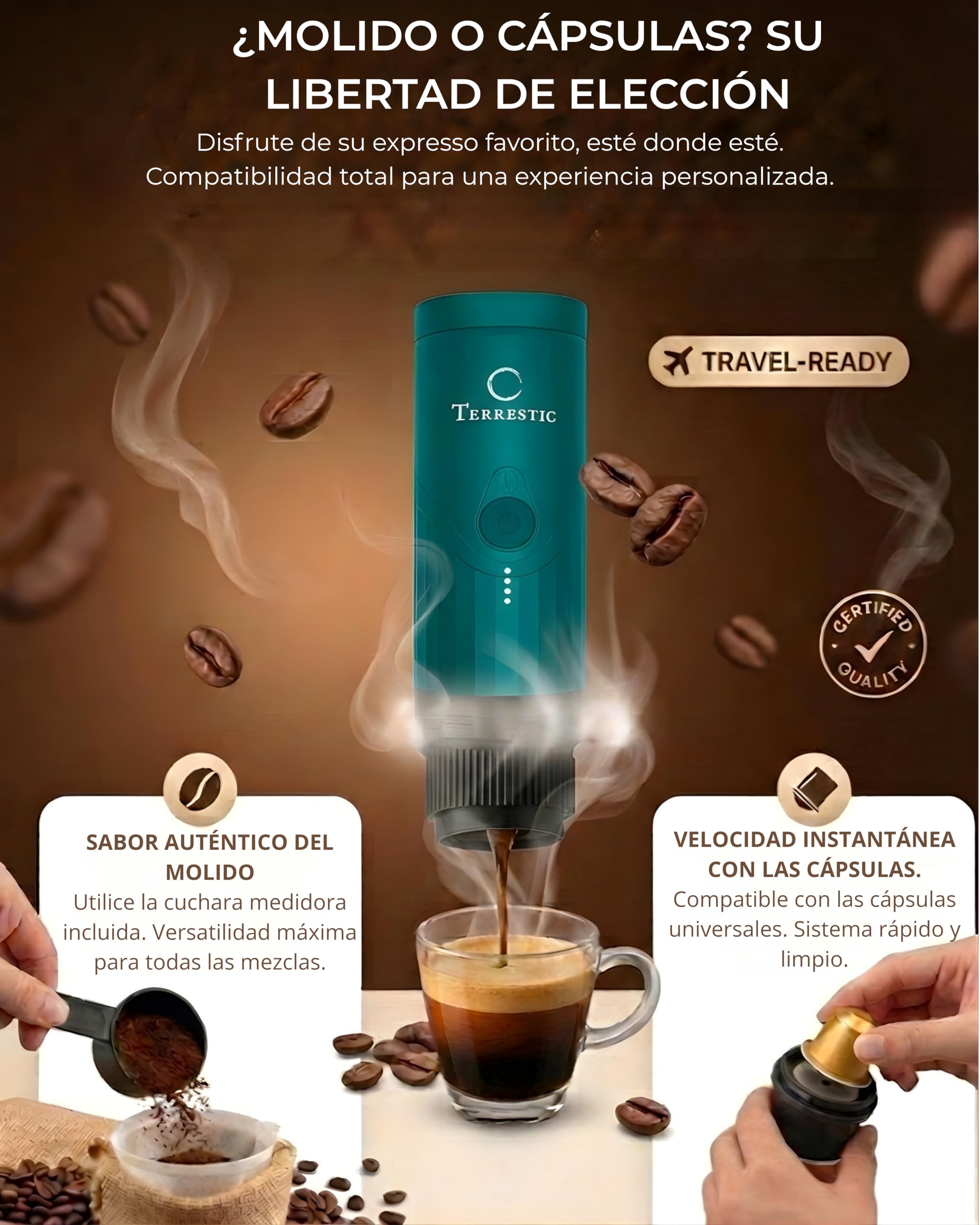 Cafetera expreso eléctrica portátil Terrestic Dose + estuche rígido de viaje - Para café molido y cápsulas Nespresso, funciona con pilas y se carga por USB-C, ideal para coche, camping (Verde azulado)
