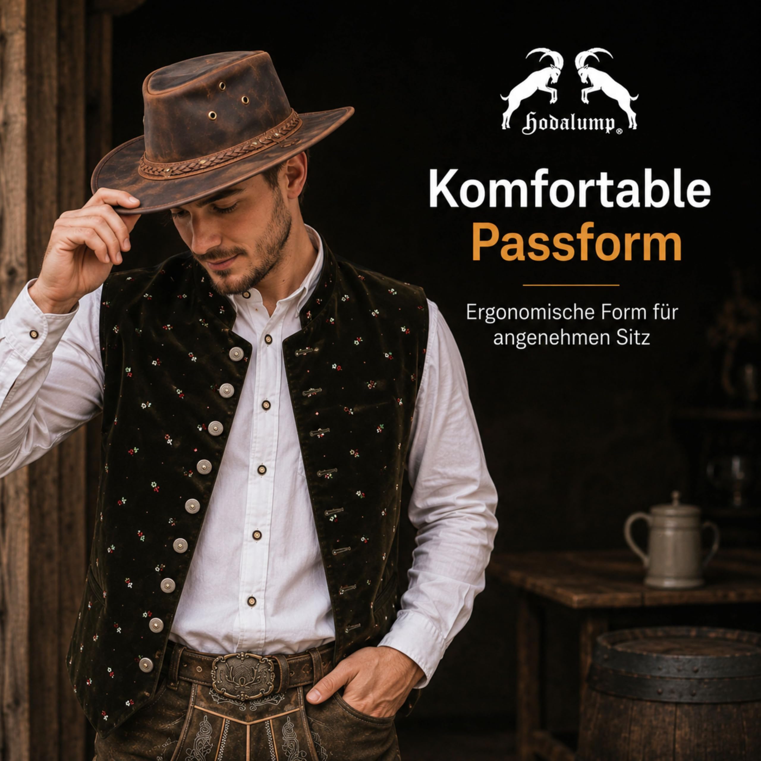hodalump Lumpi Hut - Trachtenhut aus 100% echtem Büffelleder - Handgefertigter Lederhut im Vintage Look - Trachten Accessoire für Herren & Damen