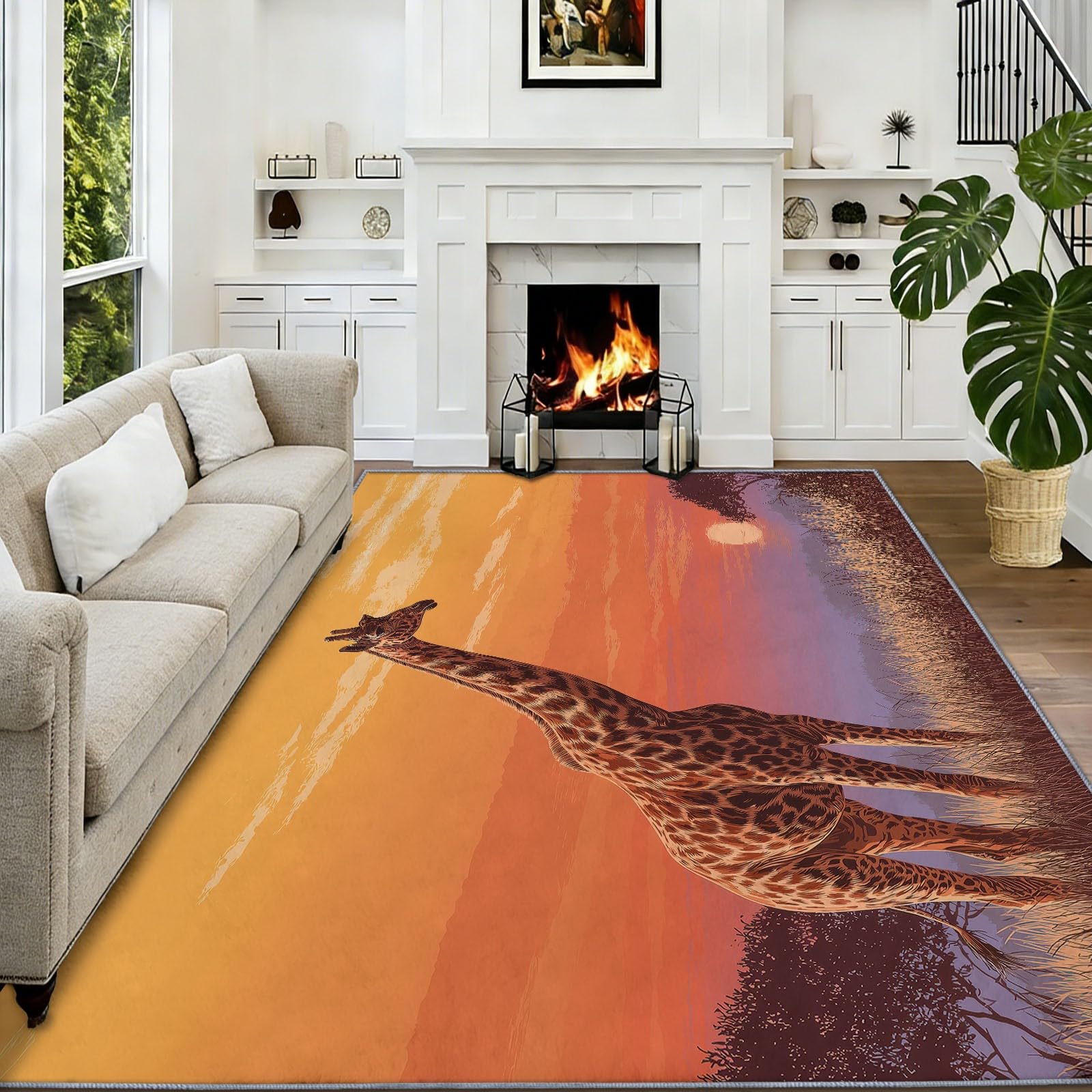 Teppich Wohnzimmer Modern Sonnenuntergangsgiraffe 80x150cm Waschbarer Kurzflor Teppich rutschfest Weich für Flur, Schlafzimmer und Büro, Wohndekoration