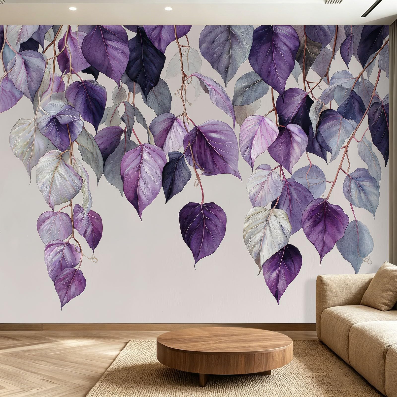 3D Fototapete Lila Blätter 350 x 256 cm (B x H) Vlies Tapete, Minimalistisches Aquarell Wohnzimmer Vliestapete XXL Wandtapete Fototapeten Bildtapete Wand Dekoration