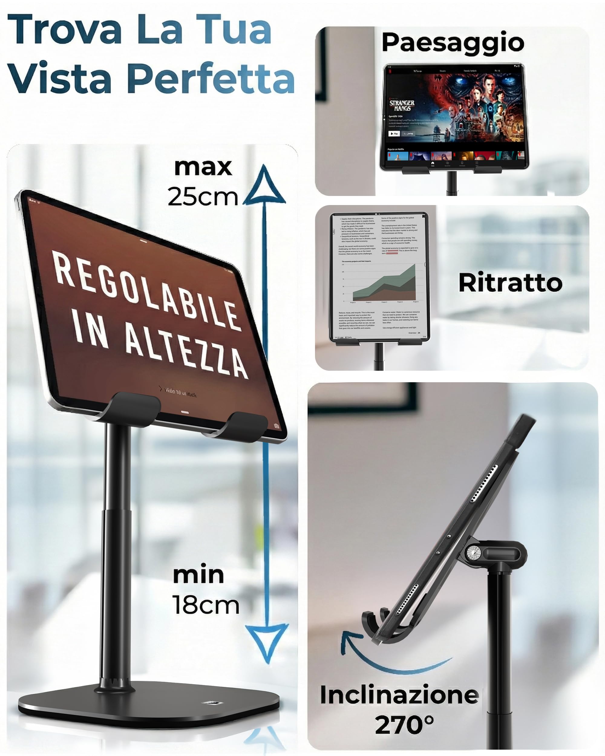 COOPER TabHolder Regolabile in Altezza Base Tablet 7-10" Stand iPad Scrivania per Monitor 15,6-17" Inclinazione 270° Nero Notte
