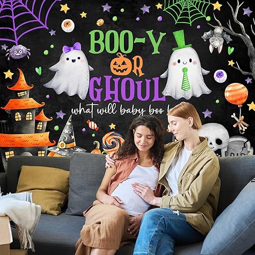 Miniatura 4 de Avezano Telón de fondo de revelación de género de Halloween de 8 x 6 pies, espeluznante abucheo para revelación de género, decoraciones de fiesta de