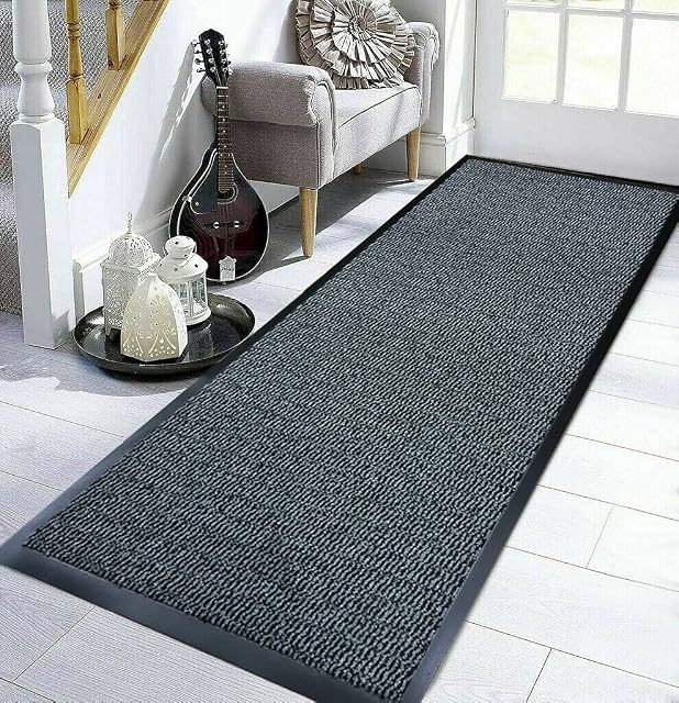TrendMakers Extra Large Big Dark Light Grey Hardwearing Heavy Duty Black PVC Edge Pile Top Rubber Barrier Entrance Door Kitchen Utility Dust Floor Mats Rugs 90cm x 200cm