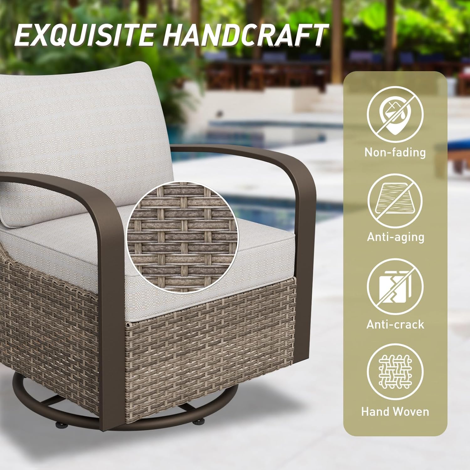 Vista Oasis Wicker Outdoor Swivel Rockers with Cushions, Patio Glider Rocking Chairs, Rattan Patio Chairs for Baclcony, Deck Porch and Garden, 2 Pieces, Beige/Beige