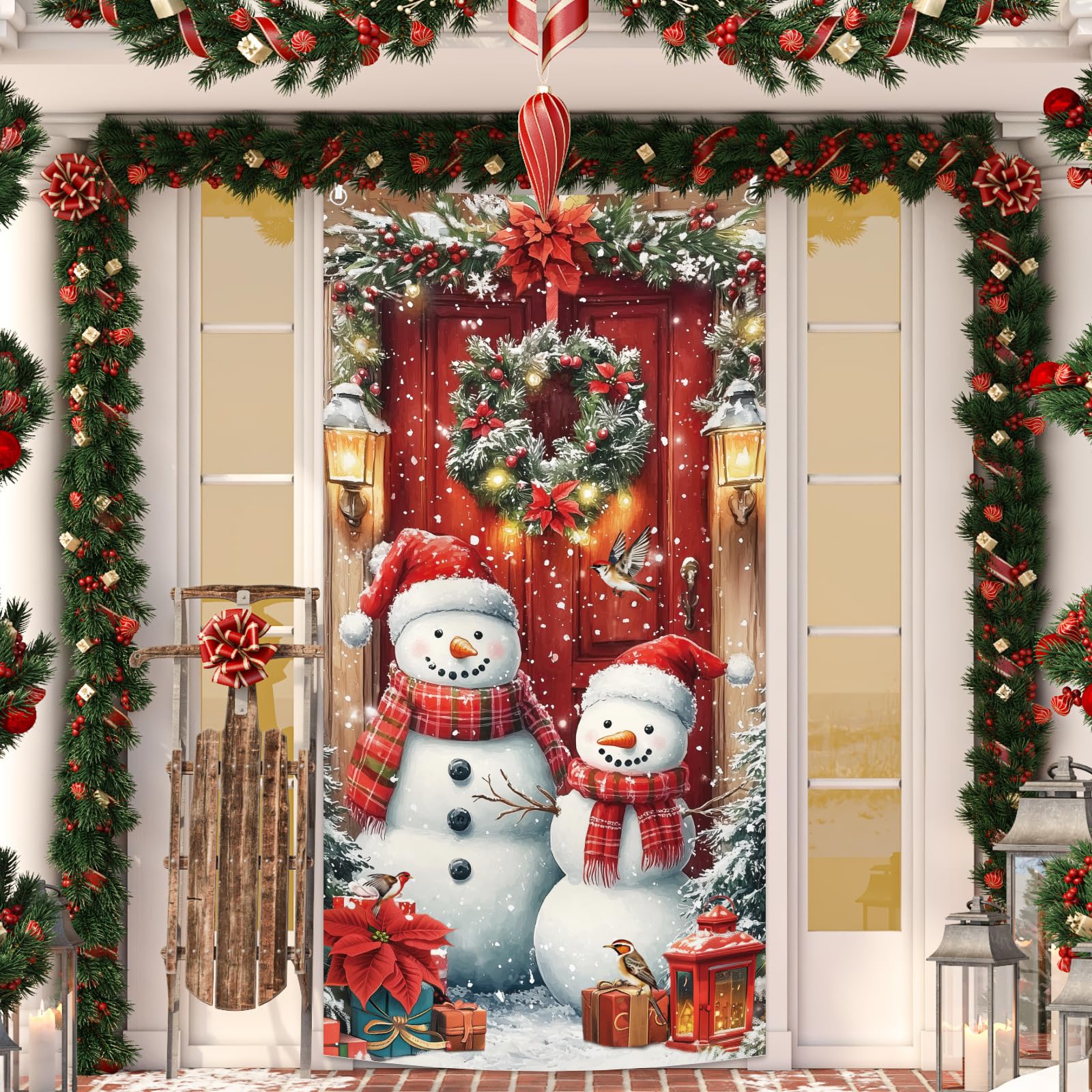 MEHOFOND 2.95x6ft Christmas Snowman Door Decorations Banner Snowman Christmas Decorations Winter Front Door Banner Porch christmas Decoration Outside Xmas Family Party Photo Background Props