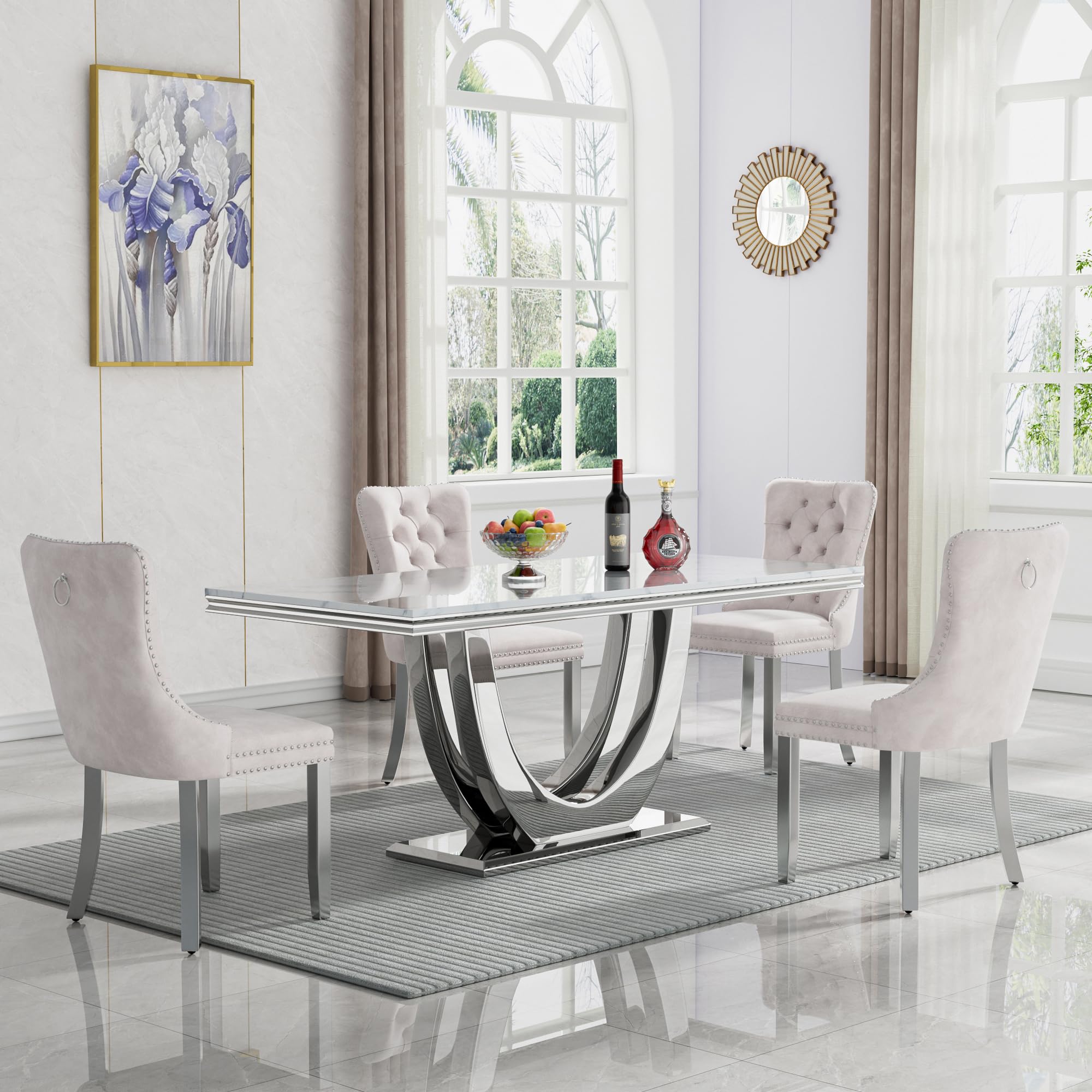 68" Marble Dining Table Set for 4, Luxury White Faux Marble Kitchen Table with 4 Beige Velvet Dining Chairs Modern 5-Piece Dining Room Table Set for 4 w/Silver Stainless Steel Base