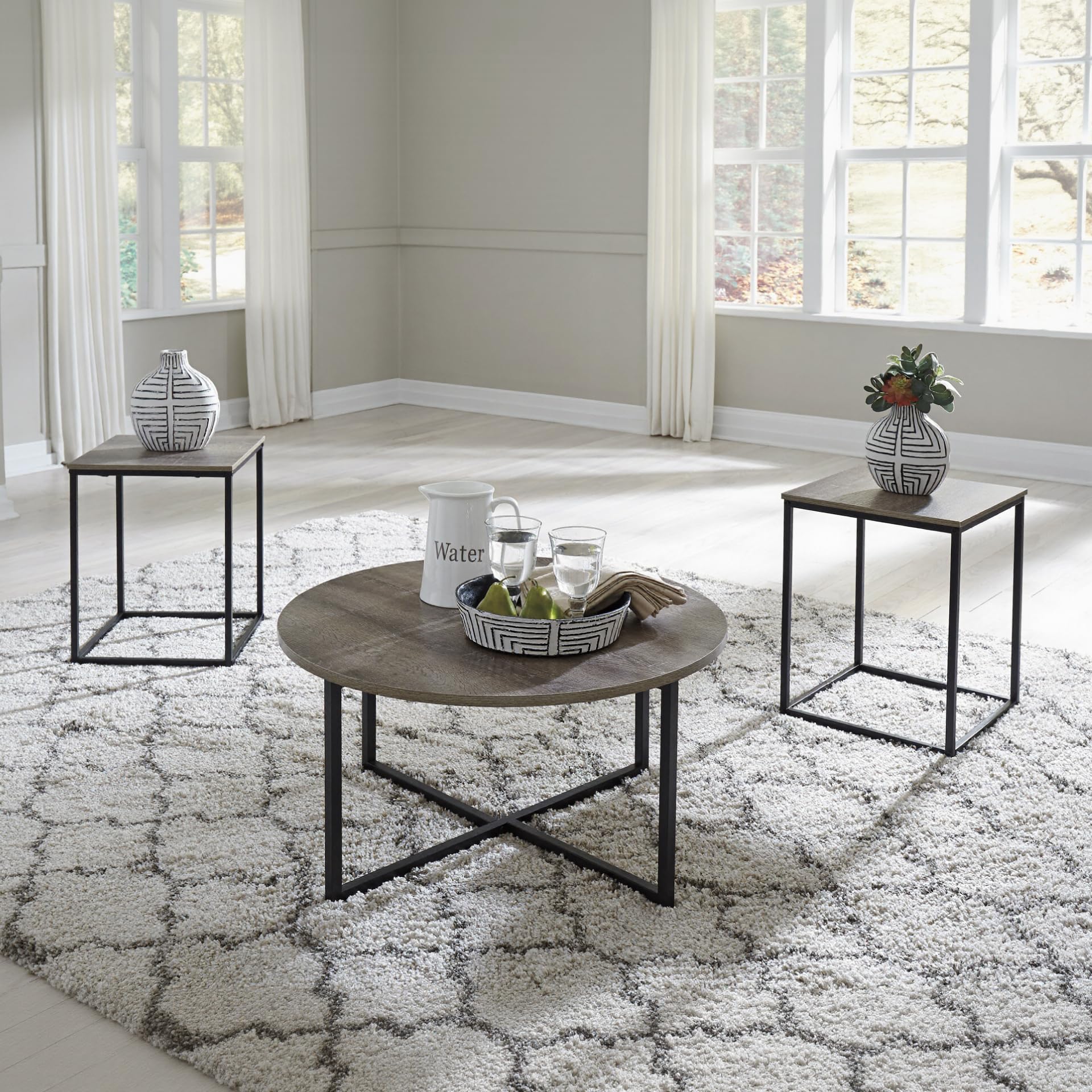 Signature Design by Ashley 3-Piece Living Room Coffee and End Table Set | Round coffee and square end tables Laminate engineered wood Dark metallic frames Contemporary style Wadeworth Series product thumbnail 4