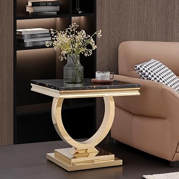 AF ARTISAN FURNITURE Marble Side Table with Faux Marble Tabletop, Faux-Marble End Tables with Gold Mirrored Stainless Steel Legs, Square Center Tea Table for Living Room, 23" Black Marble Top