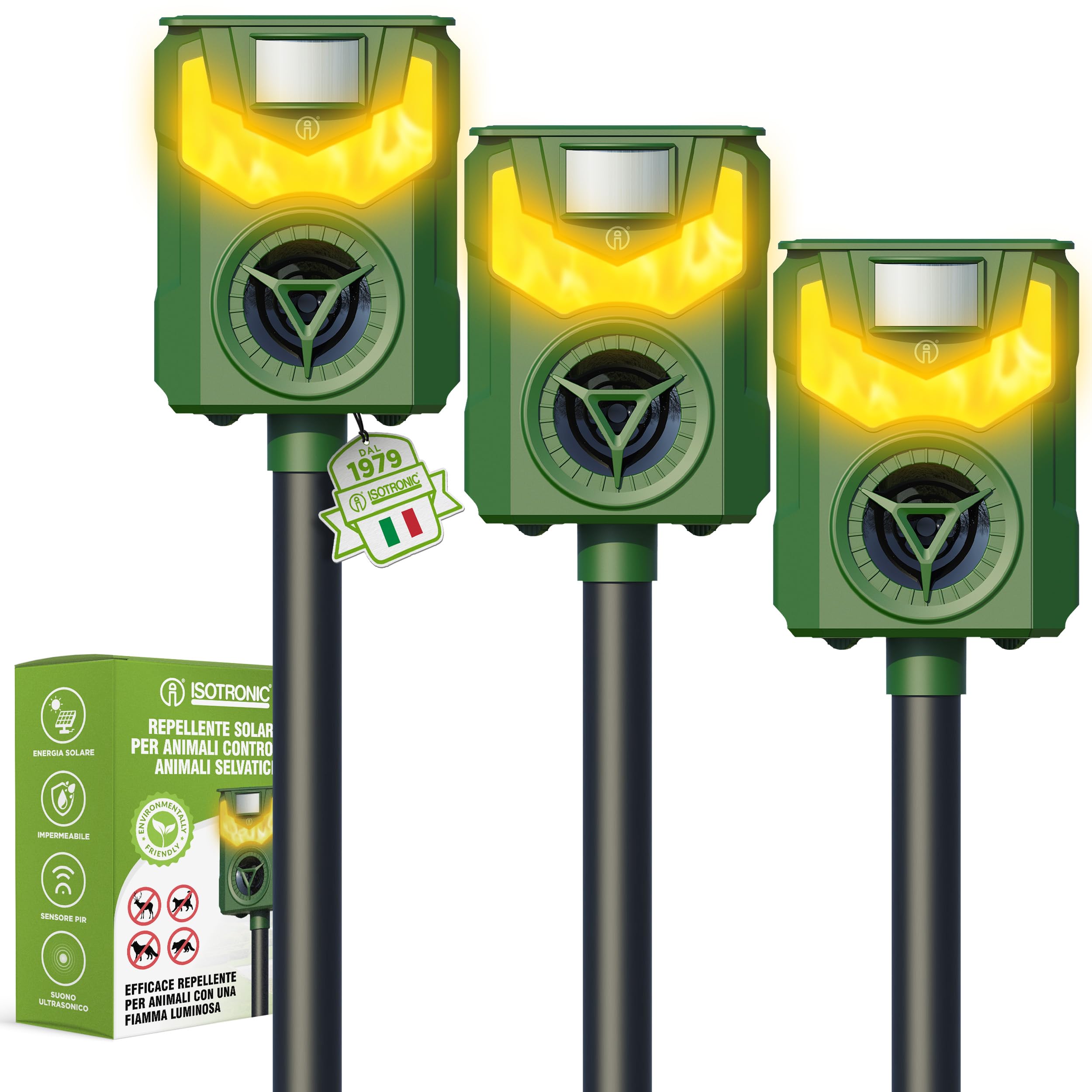 ISOTRONIC Repellente solare per animali selvatici: procioni, cervi, volpi e cinghiali – Repellente a frequenza + luce a fiamma – Efficace deterrente per animali (3 pezzi)