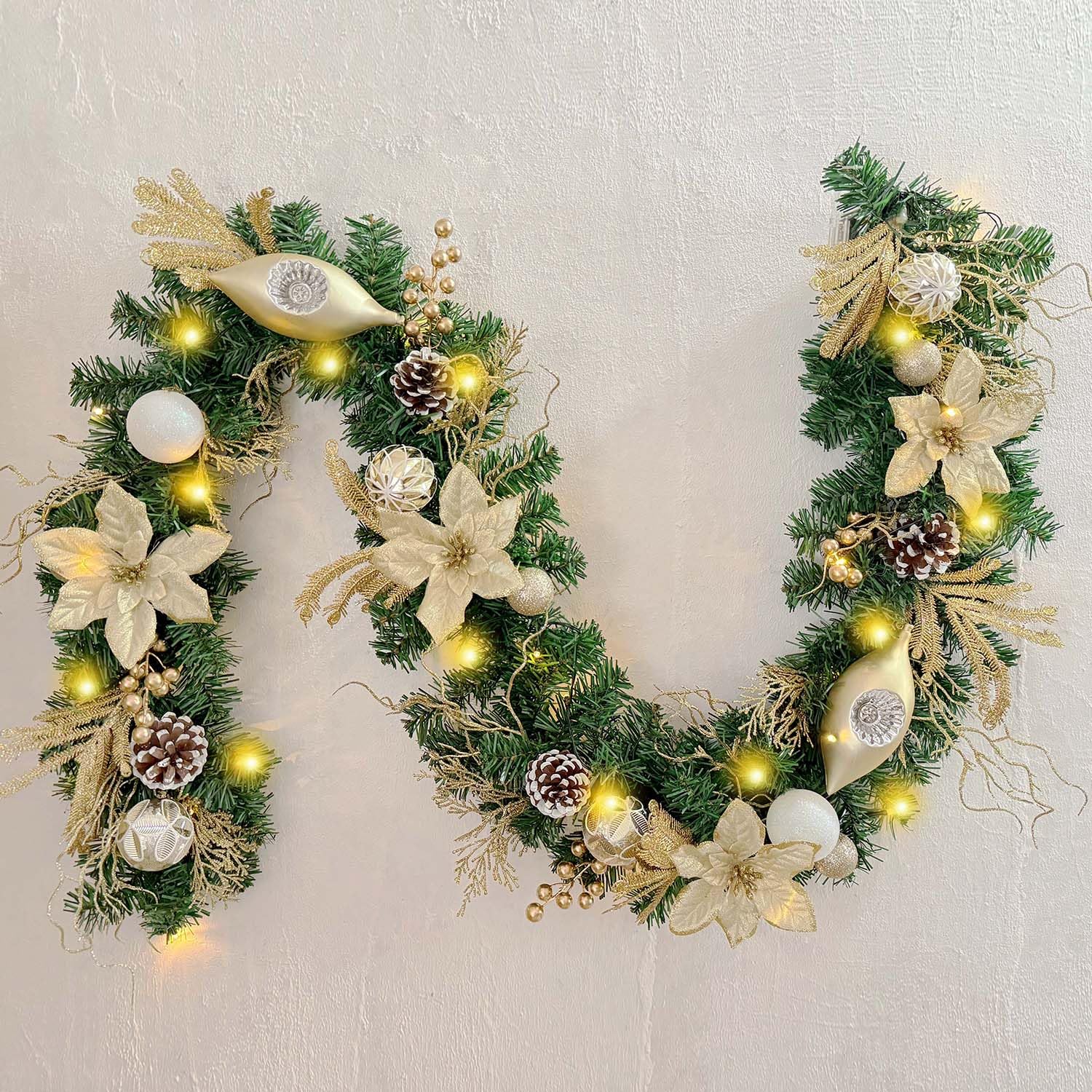 WANNA-CUL Pre-Lit 6 Feet/72 Inch Christmas Garland for Front Door with Lights Champagne Gold Christmas Mantel Garland Decoration with Ball Ornaments, Poinsettia Flowers,Ribbon,Battery Operated 30 LED