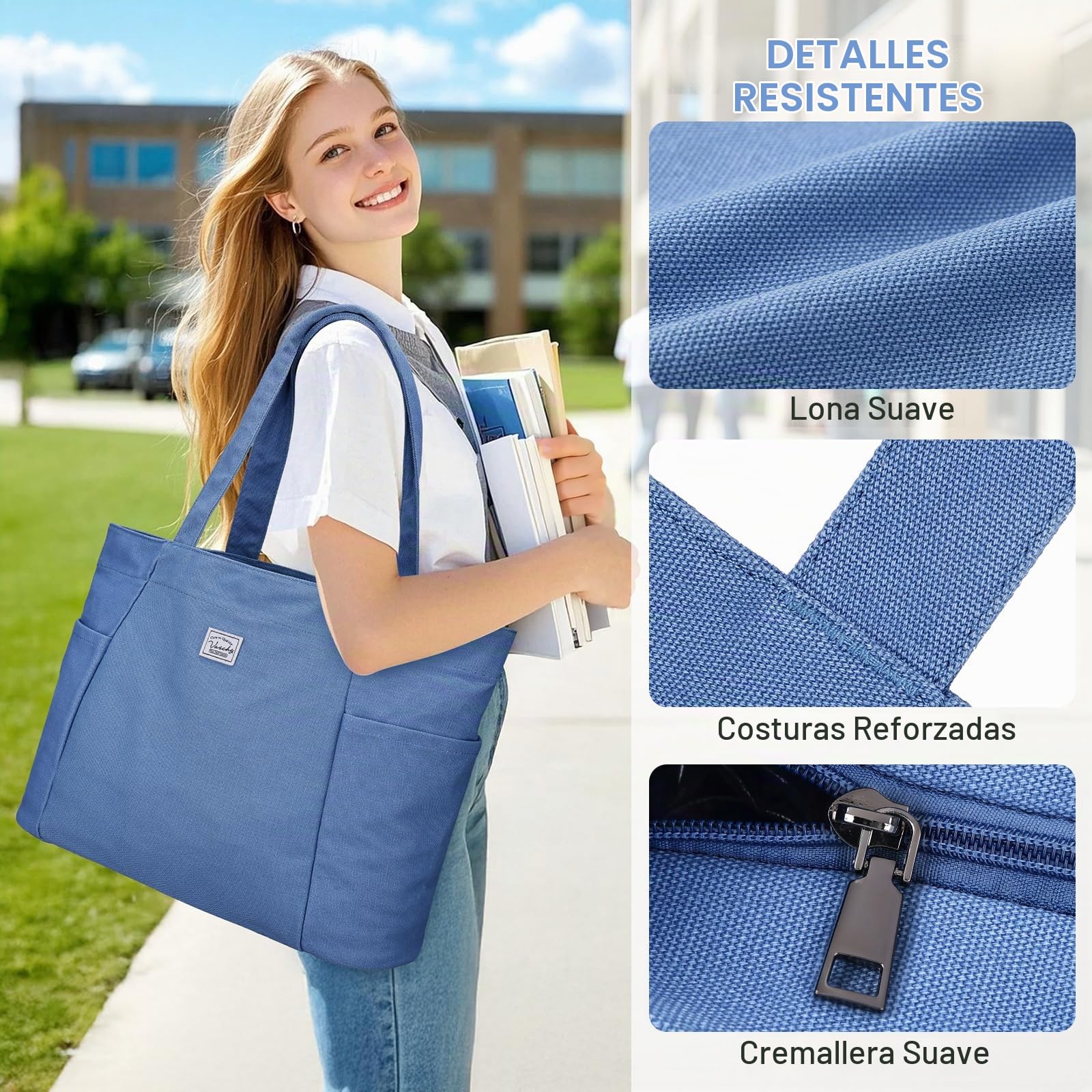 VASCHY Tote Bag Grande Ligera de Tela, Bolso Universidad Mujer Resistente con Múltiples Bolsillos para Oficina Colegio Trabajo Profesor Viaje Gimnasio