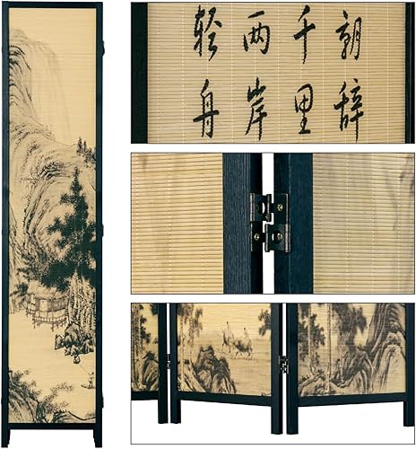 Miniatura 4 de MyGift Divisor de habitación decorativo plegable de 6 paneles, biombo de bambú con diseño de caligrafía china, 6 pies, particionador de habitación