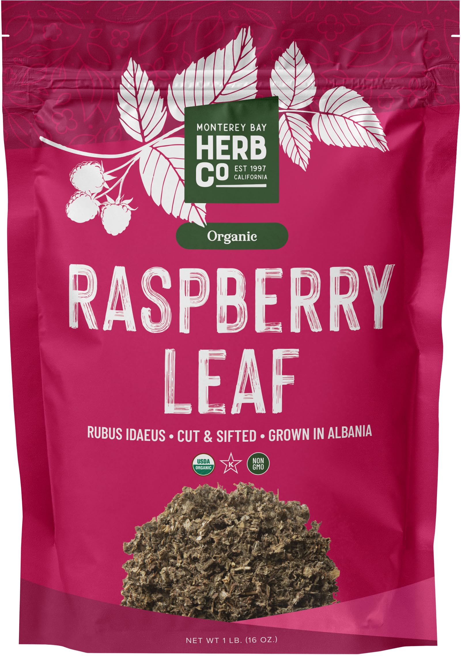 Certified Organic Raspberry Leaf Cut & Sifted, by Herb Co, 100% Natural Kosher Herbal Tea Rich in Vitamins & Minerals for Wellness & Skincare, 1 lb