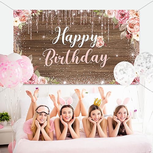 Miniatura 5 de Decoraciones de fondo de feliz cumpleaños para mujeres, suministros de fiesta de fondo, fotografía de fondo de rosa para niñas y niños, pancarta de