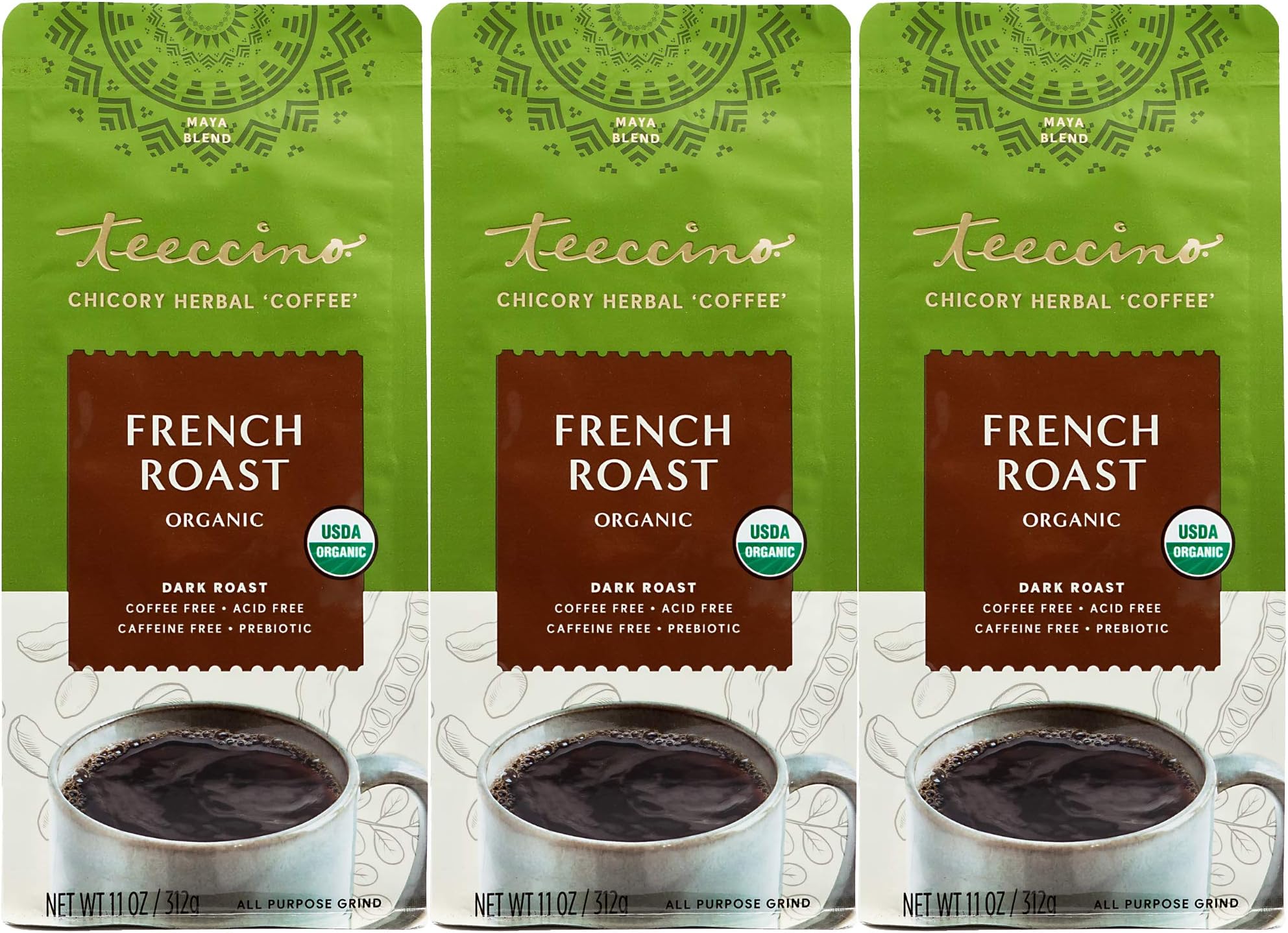 Teeccino French Roast Chicory Coffee Alternative - 11 Ounce - Ground Herbal Coffee That’s Prebiotic, Caffeine-Free & Acid Free, Dark Roast, (Pack of 3)