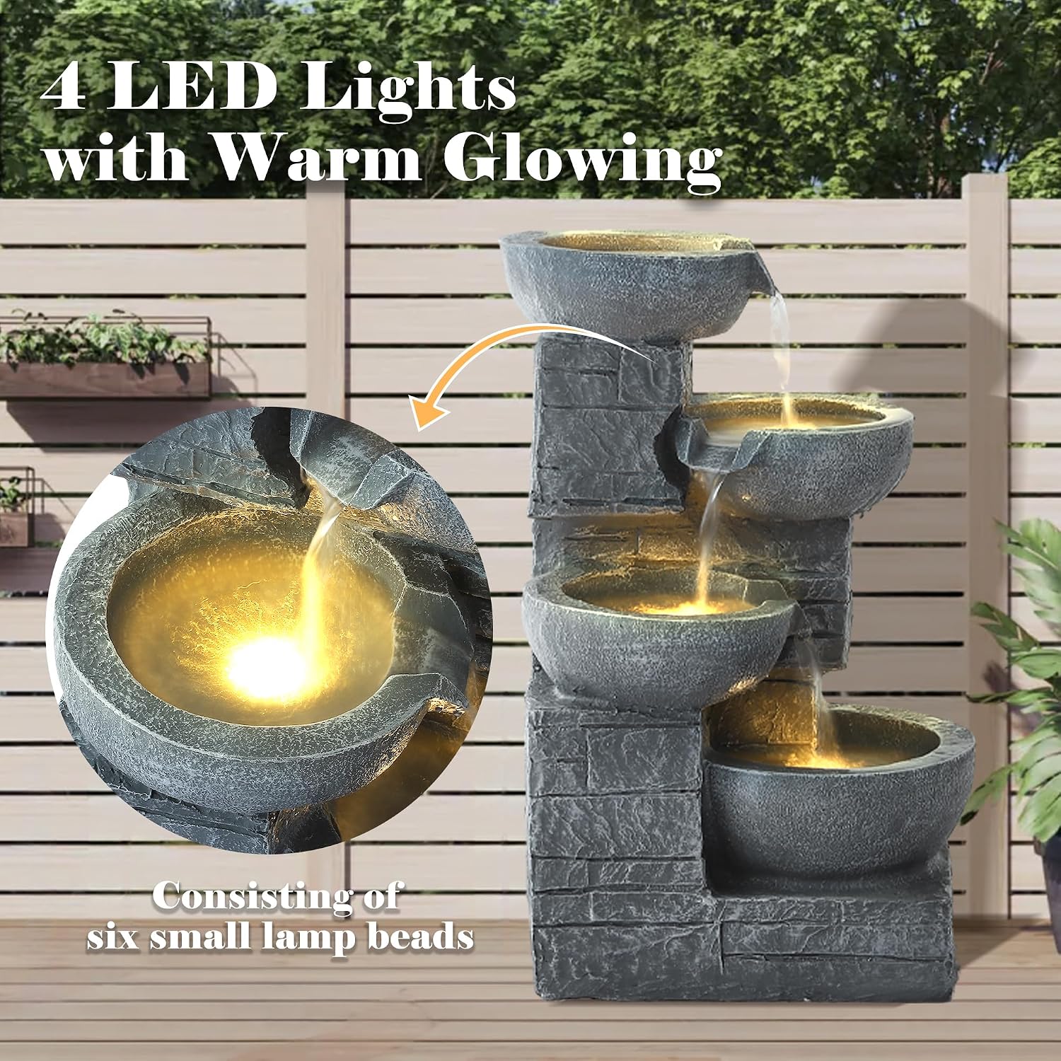4-Tier Outdoor Garden Water Fountain, 22" H Modern Resin Cascading Bowls Fountain with LEDs and Pump, Freestanding Fountains and Waterfalls for Yard, Porch and Patio Indoor Decor (Grey)