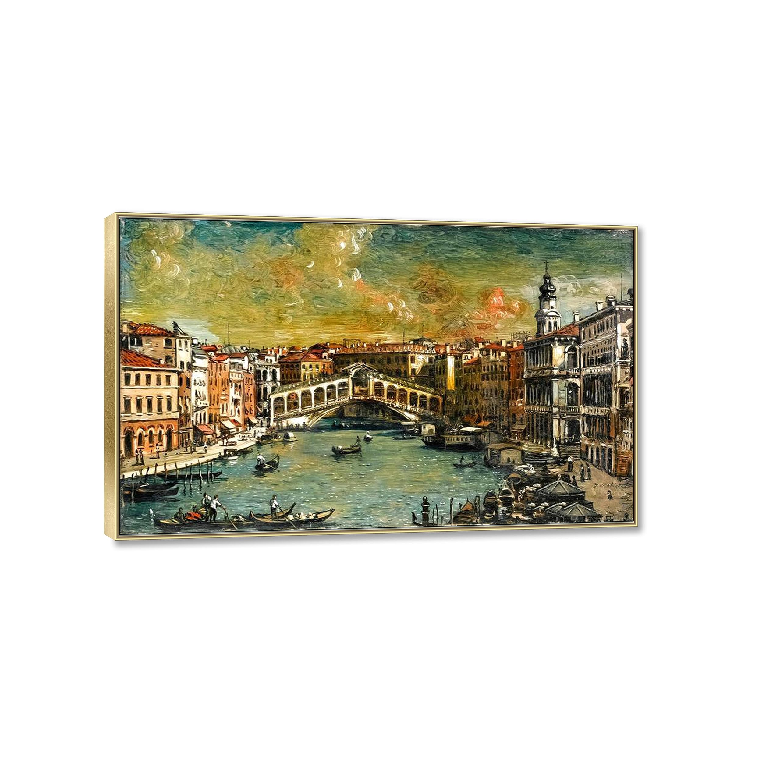Giorgio de Chirico Art Print słynne obrazy reprodukcja na płótnie - 'Wenecja, Most Rialto' plakat i druki - surrealizm płótno sztuka ścienna krajobraz obraz nowoczesny wystrój domu 30 x 42 cm złota