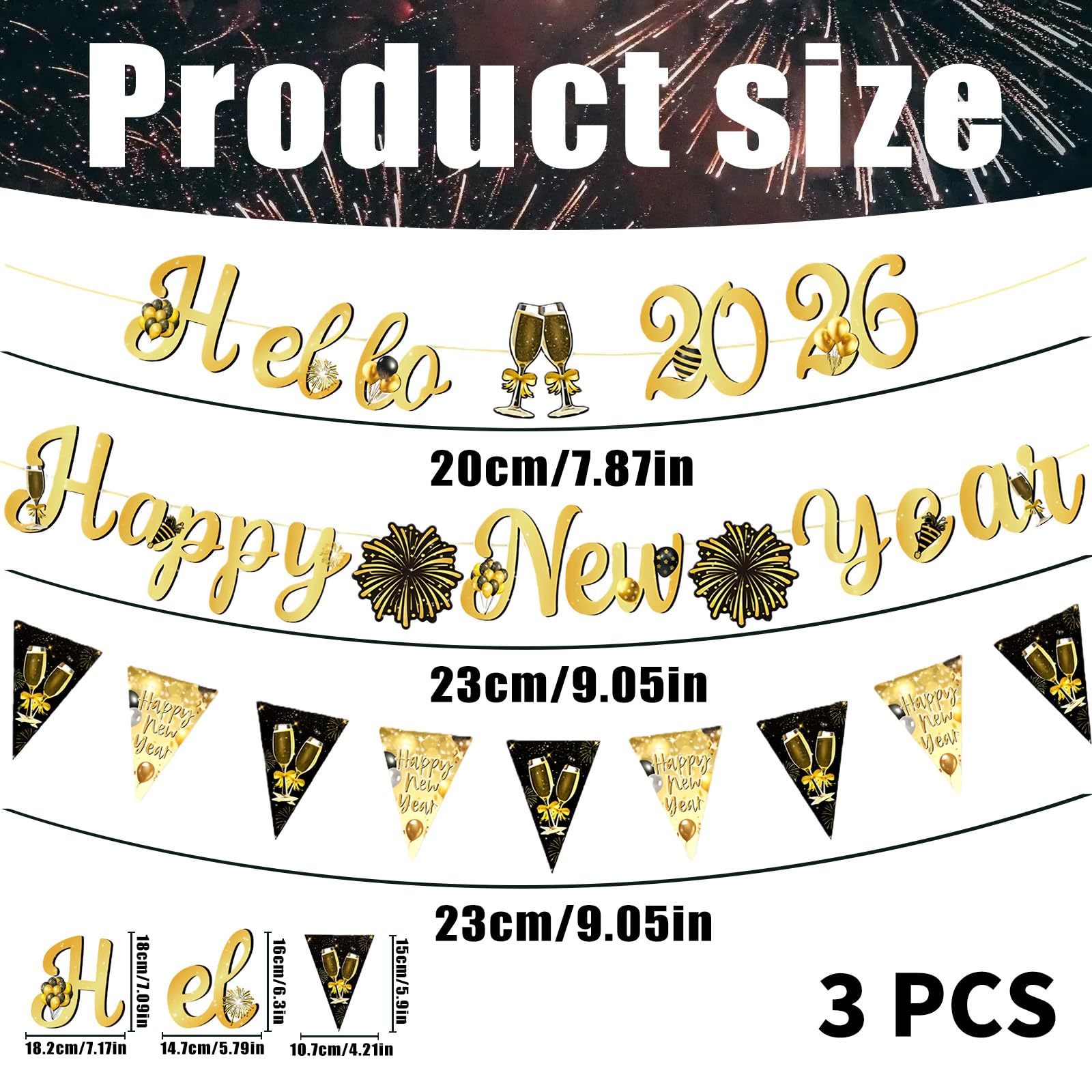 3 Pcs Happy New Year Party Decorations Happy New Year Pom Triangle Flag Banner Swirls Garland Hanging Bunting Black Banner With Gold Black Christmas Themed Supplies Decorations
