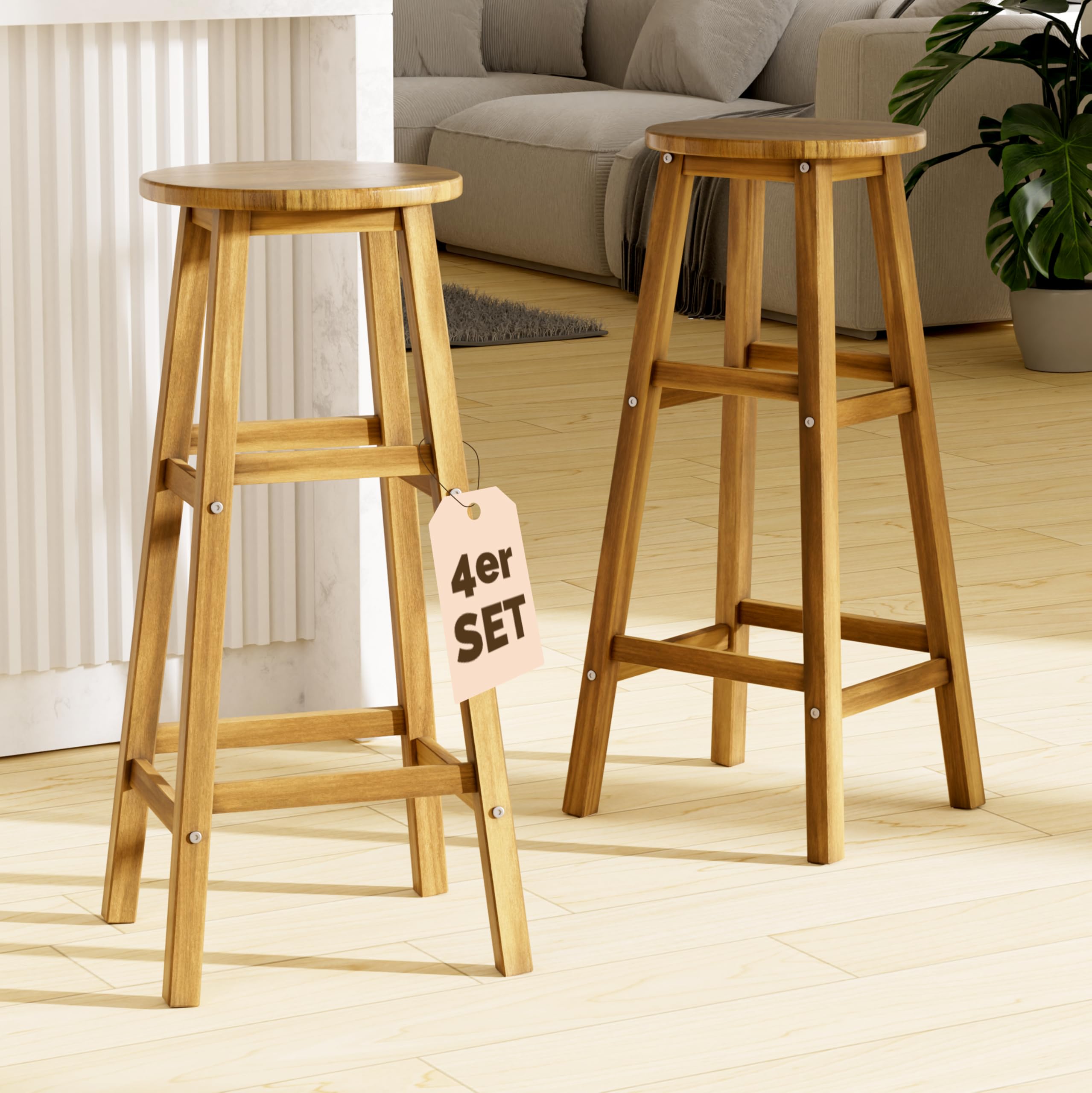 Casaria® Set di 4 Sgabelli da Bar in Legno D'acacia Altezza 75cm Design Rustico Sedia da Cucina Sgabello Tondo Bancone Poggiapiedi