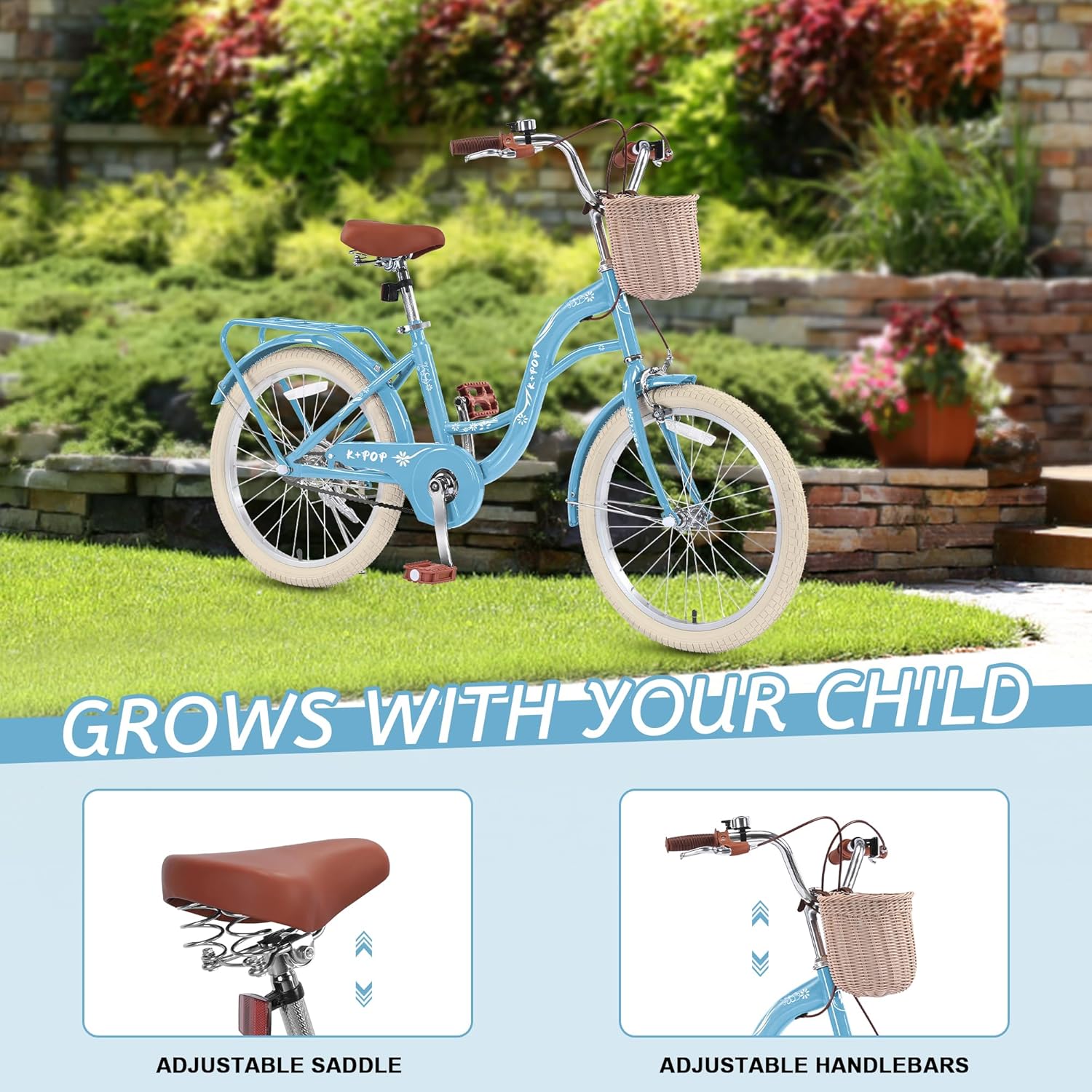 Girl Bike with Basket, 20 Inch Kids' Bicycles for Kids Ages 5-13 Princess Girls Kids Bike-Children Bicycle Single Speed Girls Bikes with Carbon Steel Frame, Multiple Colors
