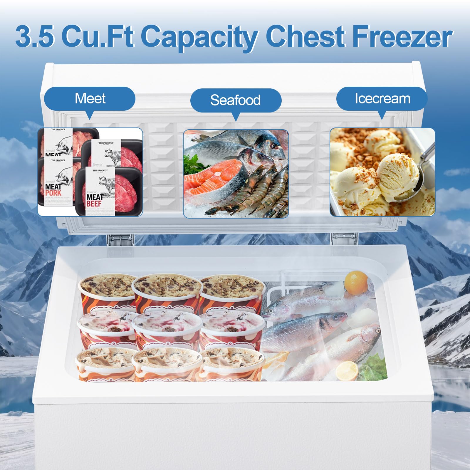 Erivess 3.5 Cu.Ft Chest Freezer - Compact Deep Freezer With Removable Basket, Energy Efficient & Quiet Top Door Design, Mini Freezer Adjustable 7 Thermostat For Home, Apartment, Garage, Dorm (White) on Fridge.com - View 5