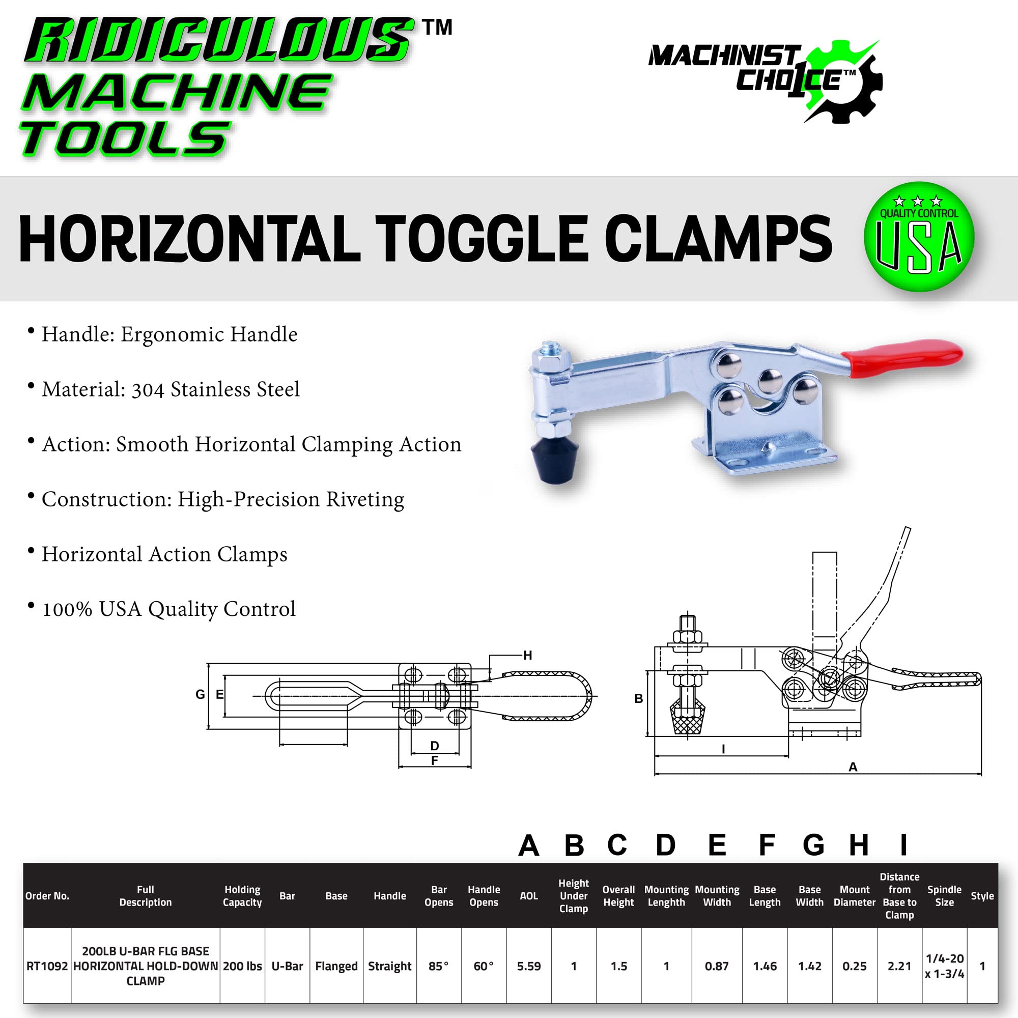 200LB U-BAR FLG BASE HORIZONTAL HOLD-DOWN CLAMP (Same as 215-U)