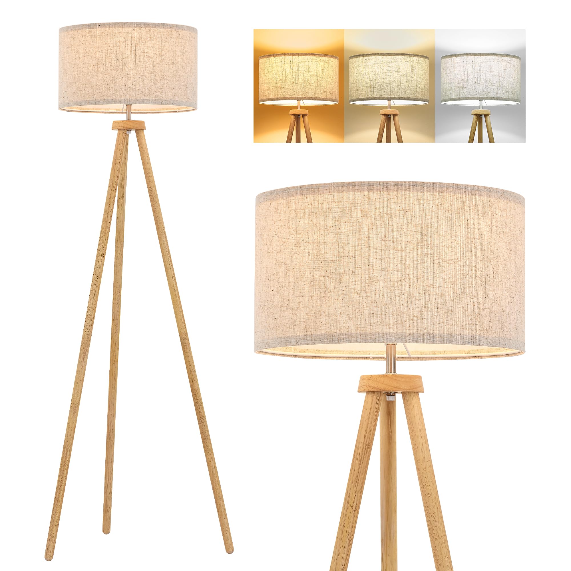 ELYONA Holz-Stehlampe für Wohnzimmer, nordische Stehleuchte mit 3 Farbtemperaturen, inklusive LED-Birne und beigefarbenem Leinen-Schirm, Fußschalter, hohe Lampe für Schlafzimmer, Büro, Arbeitszimmer