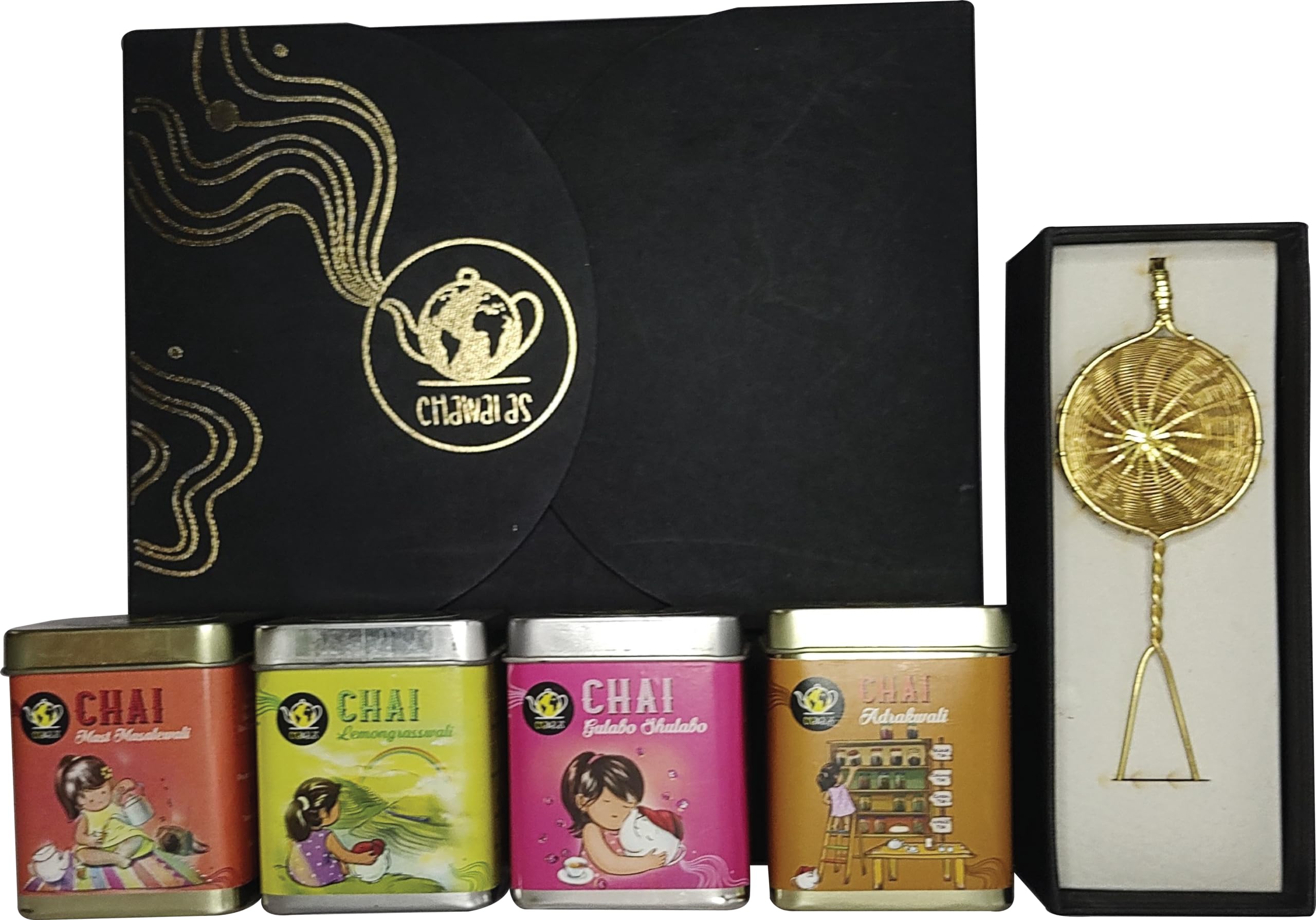 Chawalas Tea |Diwali Gift Box | Masala, Lemongrass, Adrak, Gulab Chai| Premium Black Assam Tea | 50g x 4 Tins + Brass Strainer