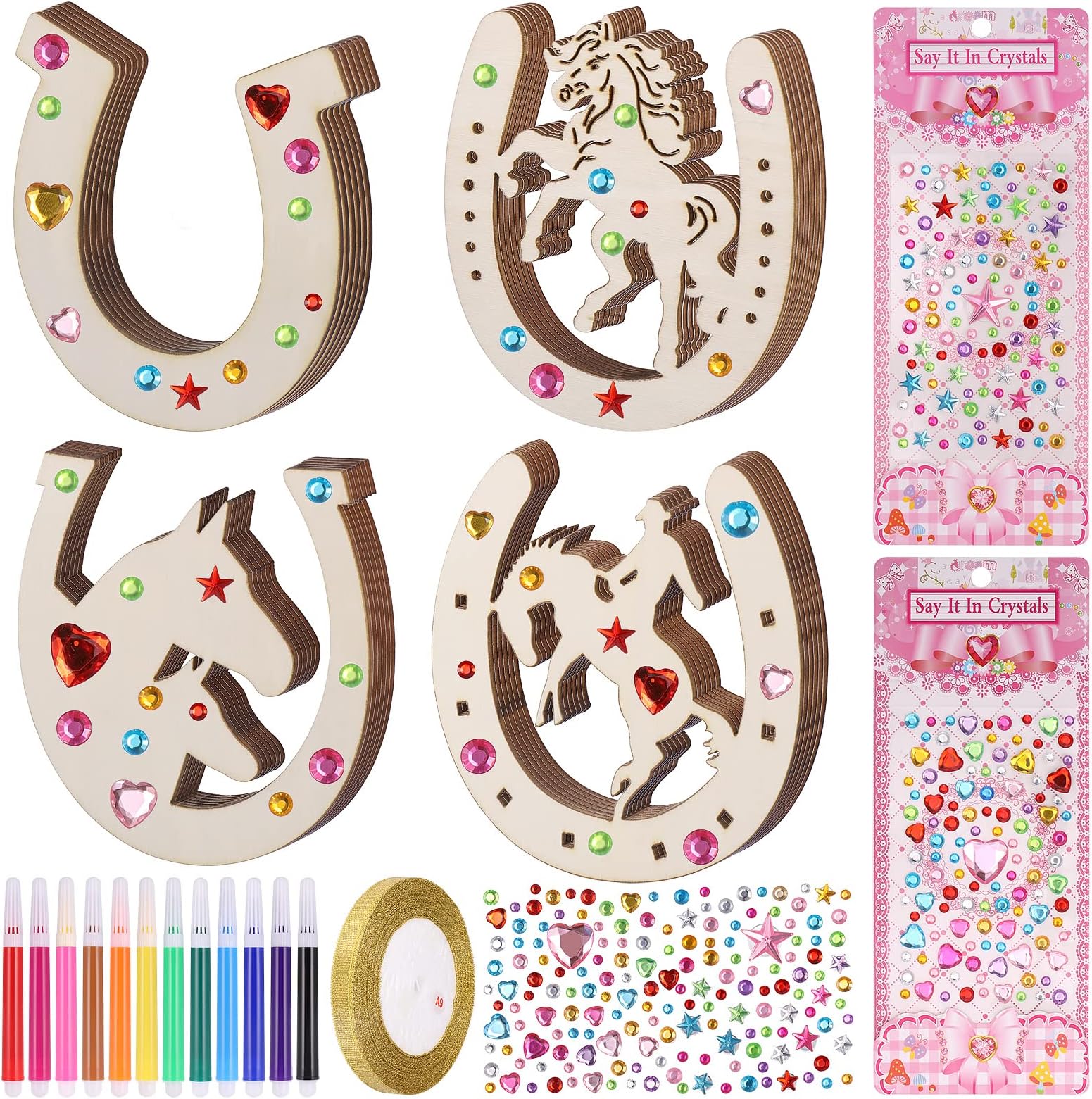 Fentar Wooden Horseshoe, Wooden Discs, Horseshoe, Children's Birthday Parties with Watercolour Pencil, Glitter Ribbon and Stickers, Wooden Horseshoe Crafts for Children Party, Birthday Decoration,