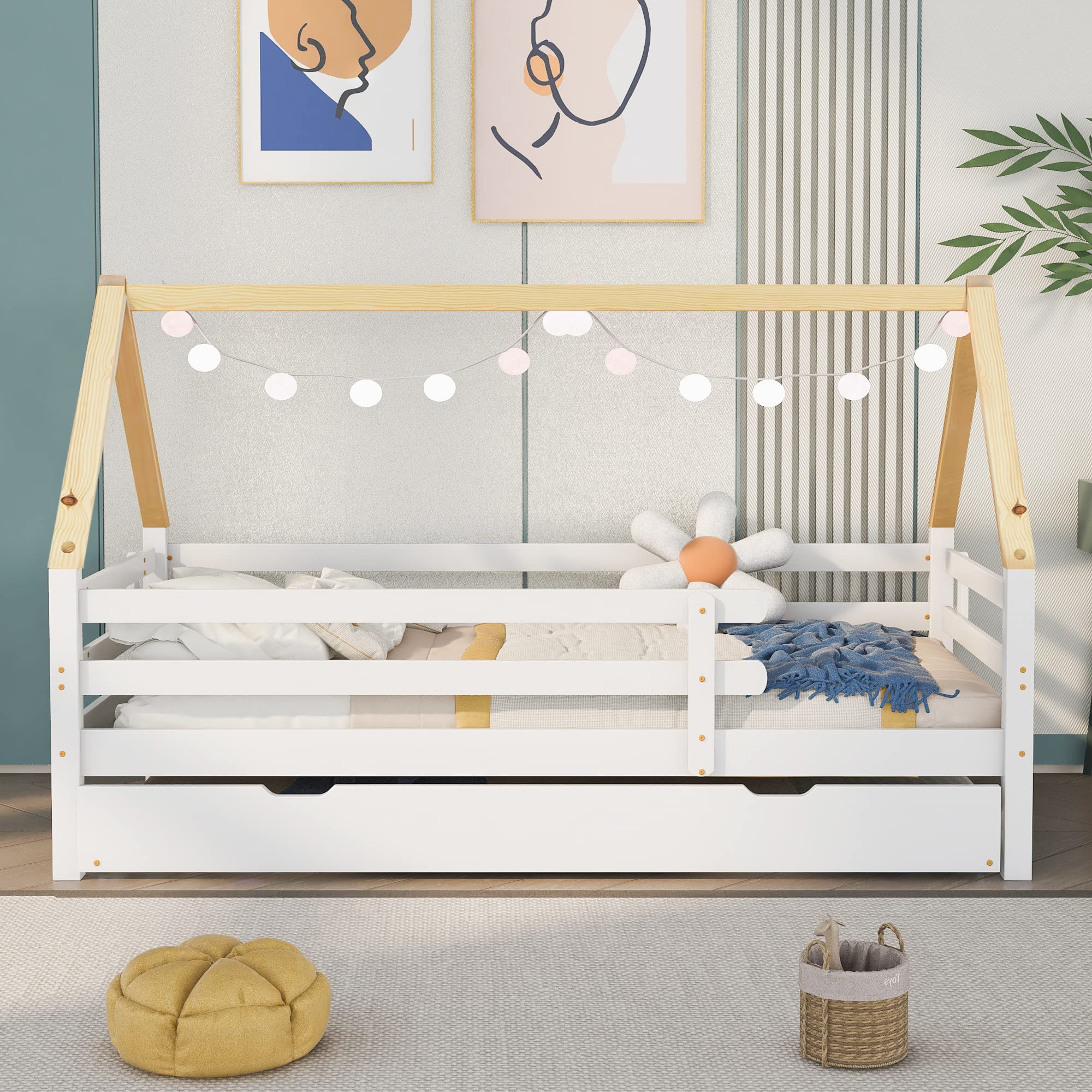Letto per casa sull'albero, letto singolo, letto per bambini, letto estraibile con ruote inferiori, in legno massello, letto bianco, sedia sottotetto colore naturale (90 x 200 + 90 x 190 cm)