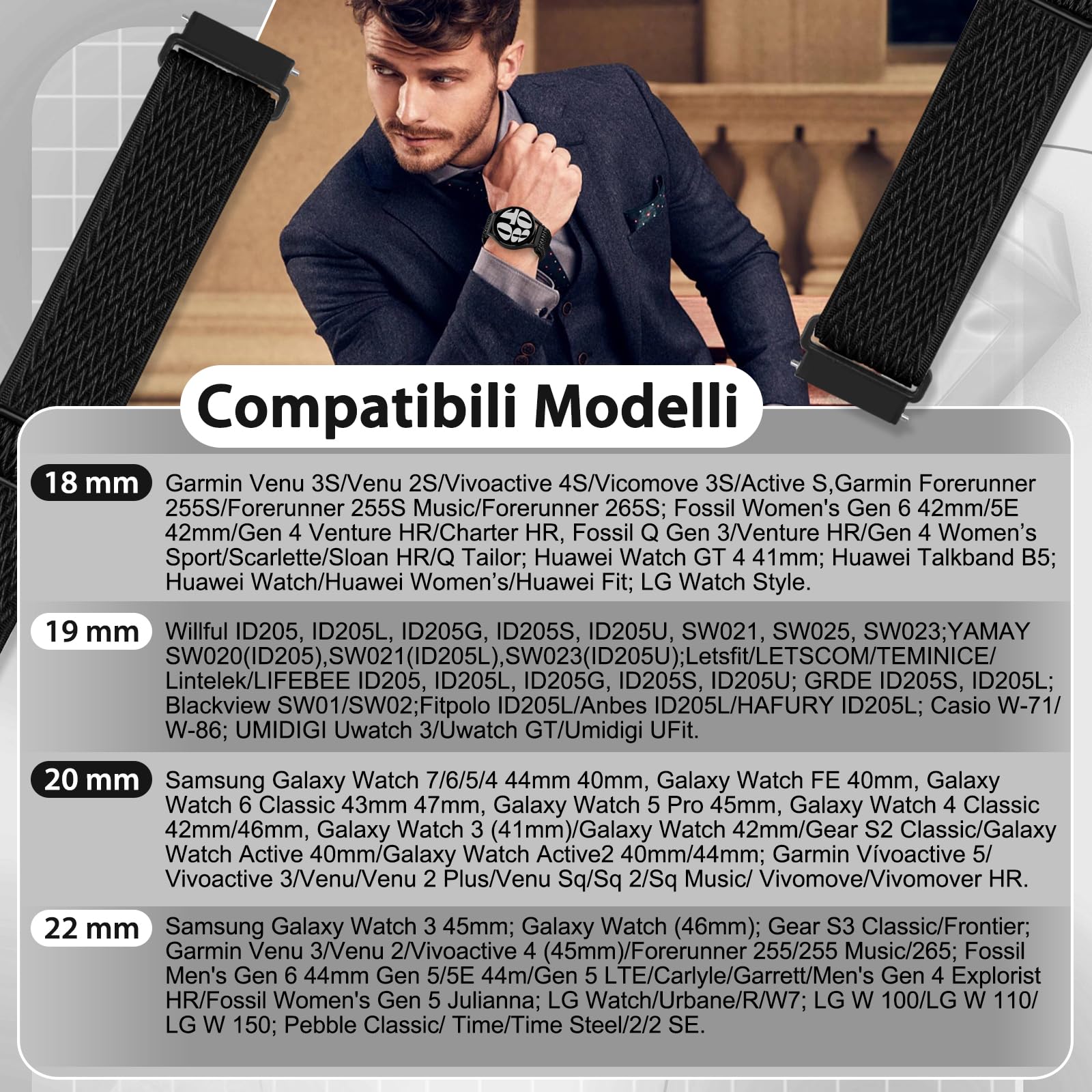 TumCez Regolabile Elastico Sgancio Rapido Cinturino Orologio in Nylon,18mm 19mm 20mm 22mm Cinturino per Samsung/Garmin/Fossil/Amazfit/Huawei Orologio per Uomo Donna