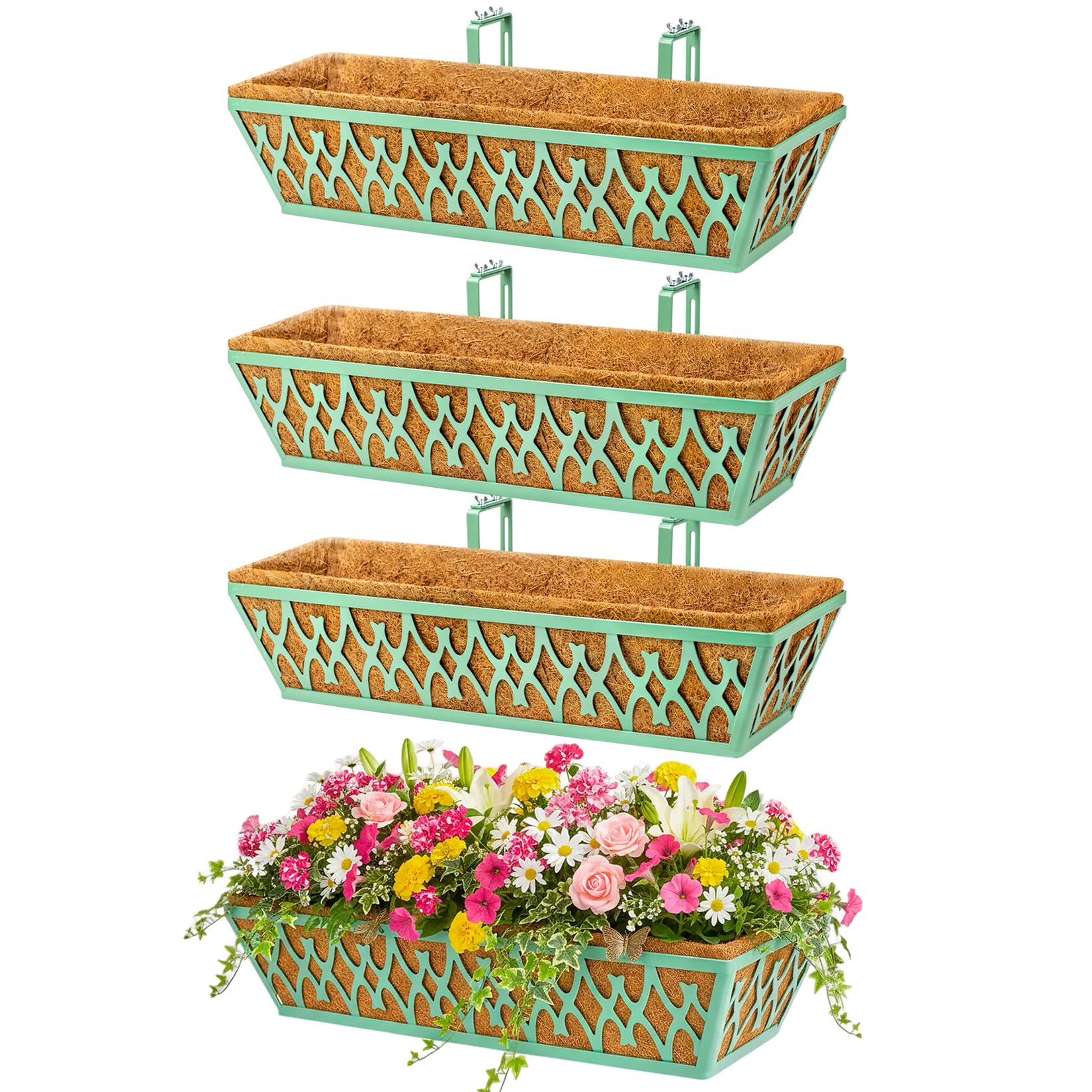 4 Pack 24 Inch Window Boxes Planters Railing Planter Box with Adjustable Brackets for Porch Fence Patio Balcony Hanging Flower Baskets with Coco Liners for Outdoor Garden Decor - Green
