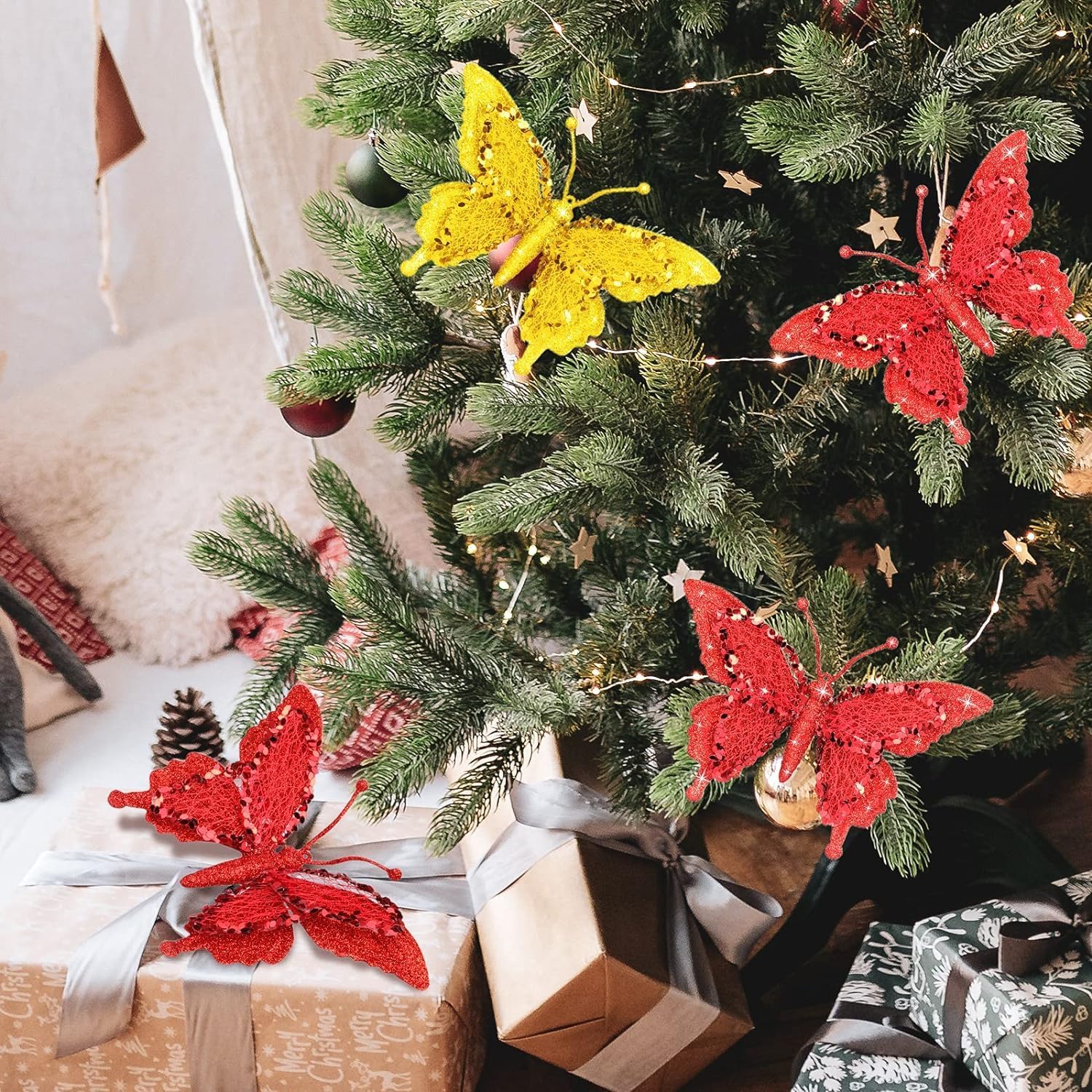 Butterfly Ornament with Clip Glitter, Butterfly Christmas Ornament for Holiday, Decorative Hanging Ornaments for Home, Butterfly Gifts for Women, Wedding, Christmas Wreath & Party 6-Pack Red
