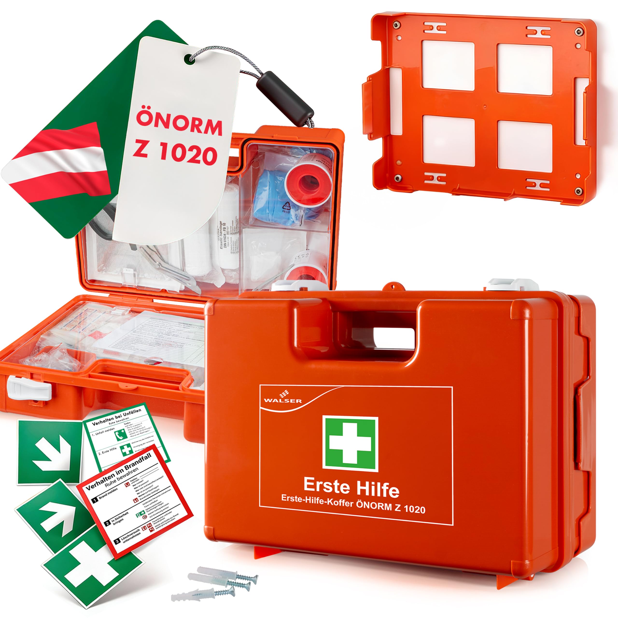 WALSER Kit di pronto soccorso Ö-Norm Z1020:2025, Cassetta aziendale 2026 incl. supporto a parete, Kit sanitario 66 pezzi per aziende, cantieri, ufficio e casa
