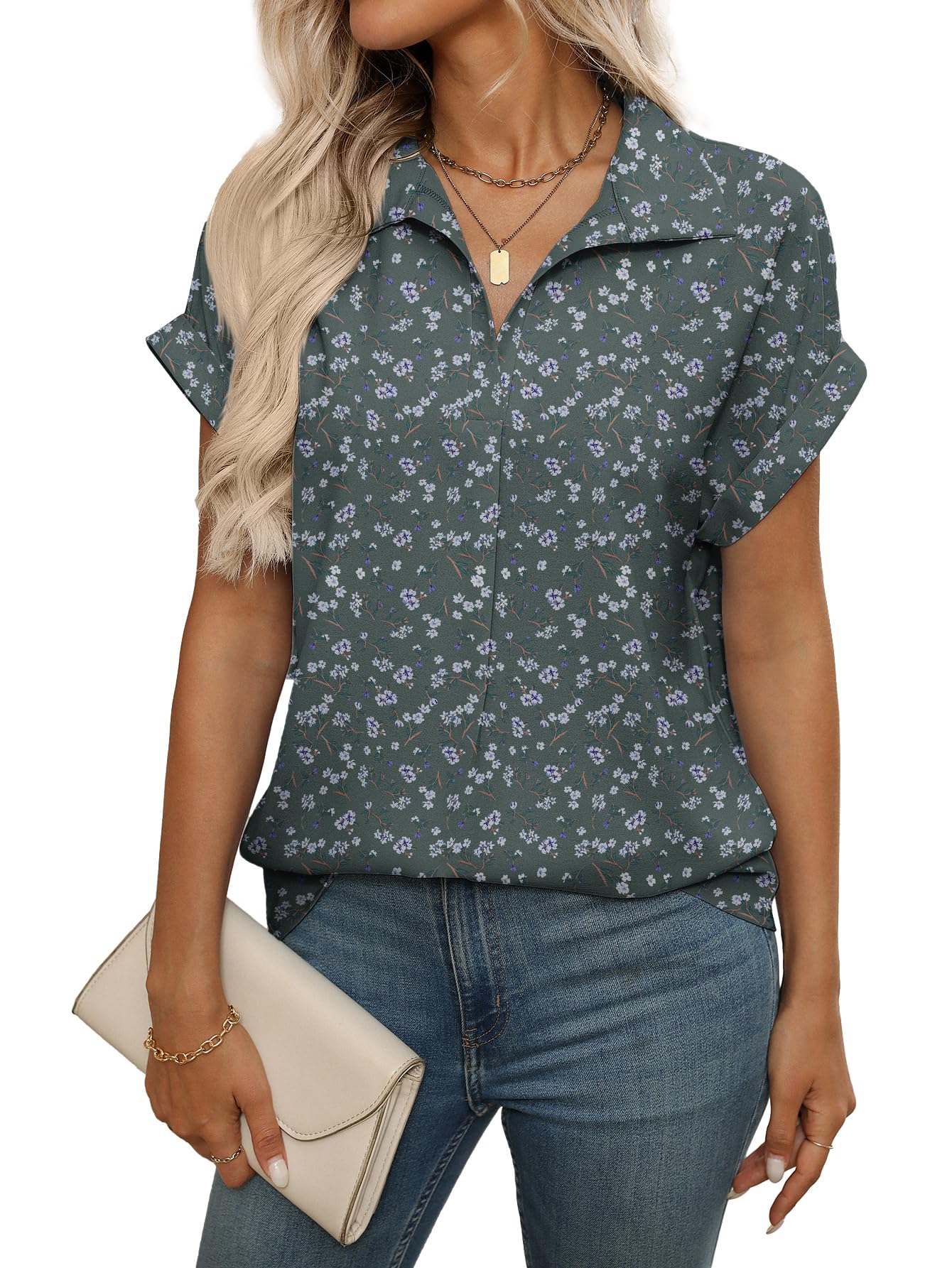 LEKOPUR Bluse Damen Chiffon Kurzarm - Elegant V-Ausschnitt Festliche Oberteil für Party Outfit Tunika Damenblusen Sommer