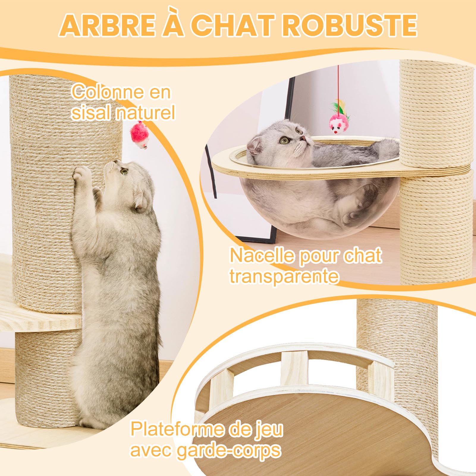 Arbre a Chat Plafond du Sol au Plafond, Arbre à Chat XXL de Hauteur Réglable de 2,95 à 3,1 m, Griffoir pour Chats avec Tour à 6 Niveaux avec 7 Poteaux à Griffer en Sisal (Jaune)