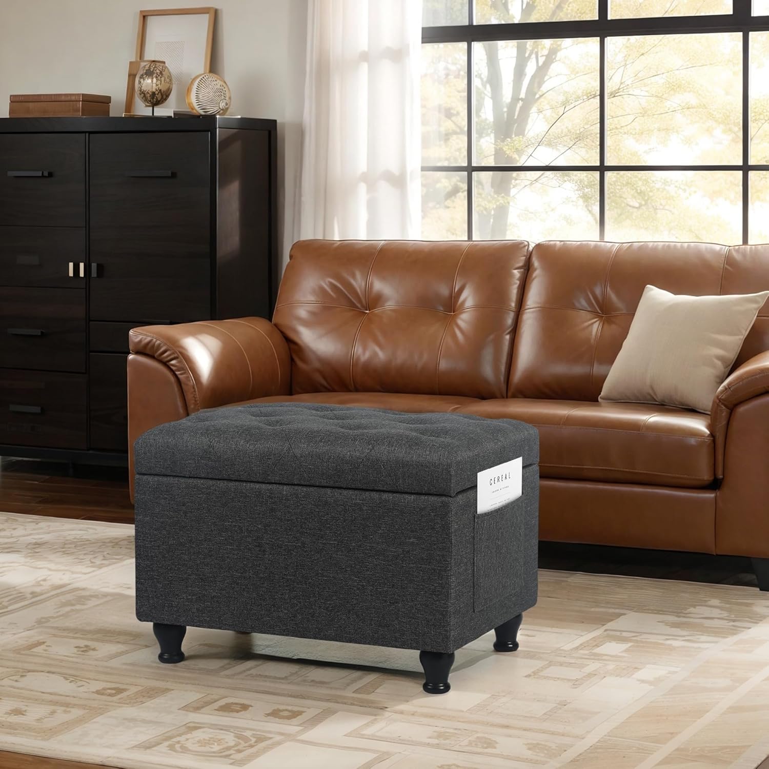 Homebeez Storage Ottoman Bench with Side Pocket, 24 Inch Linen Upholstered Rectangle Footrest Stool for Living Room, Bedroom, End of Bed, Dark Grey