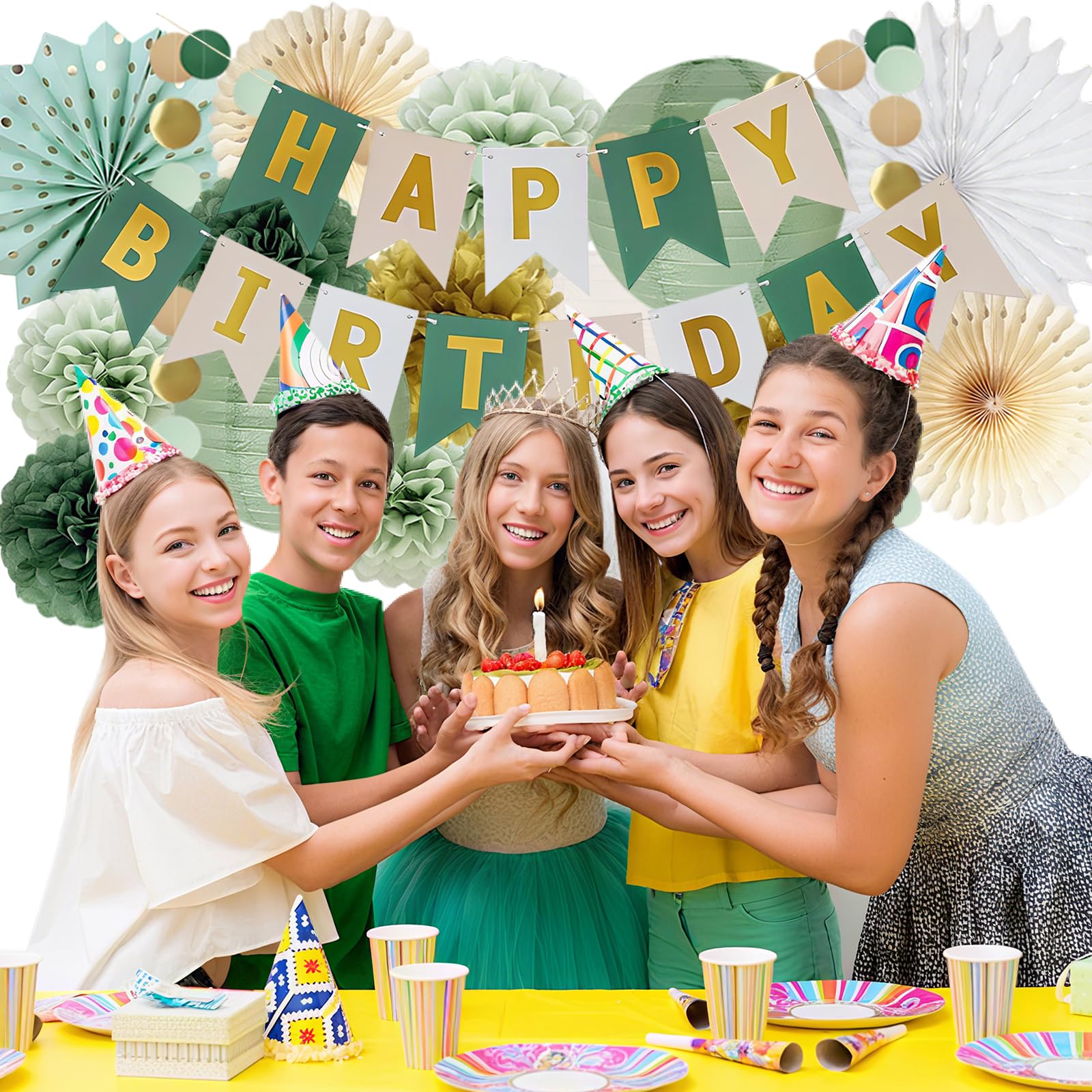 Verde salvia, decorazione di compleanno, decorazioni per feste di compleanno, verde salvia, verde salvia, verde salvia, carta velina, oro, pom poms, sacchetti di carta velina d'oliva, per decorazioni