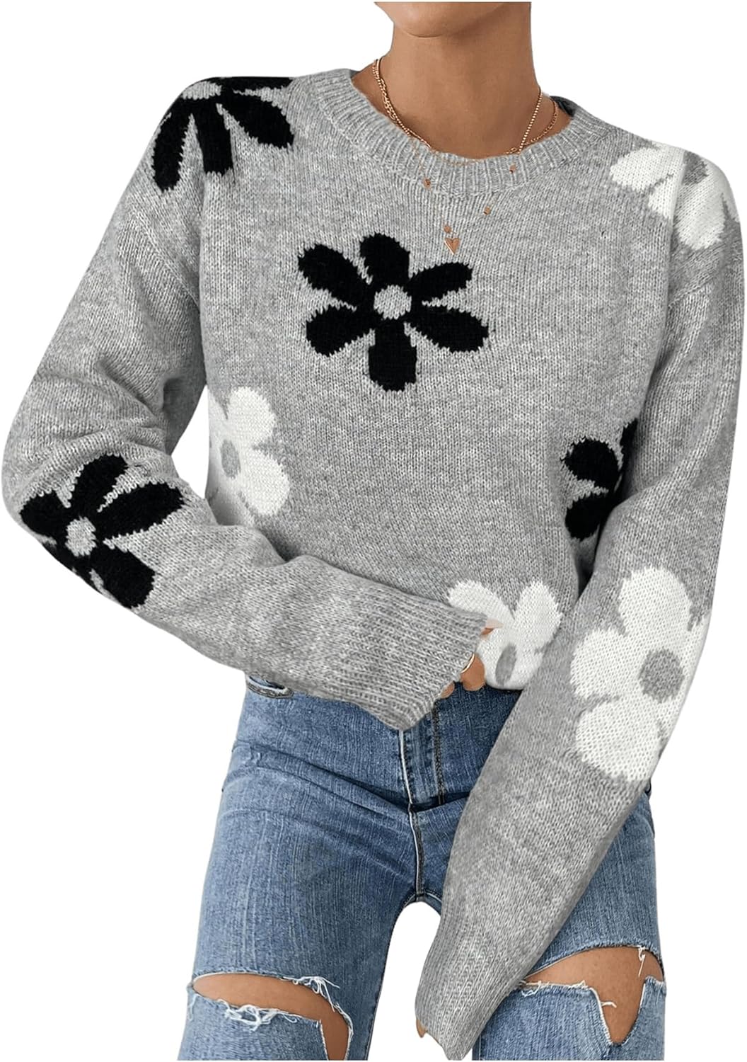 SOLY HUX Women’s Floral Pattern Long Sleeve Drop Shoulder Sweaters Pullover Tops