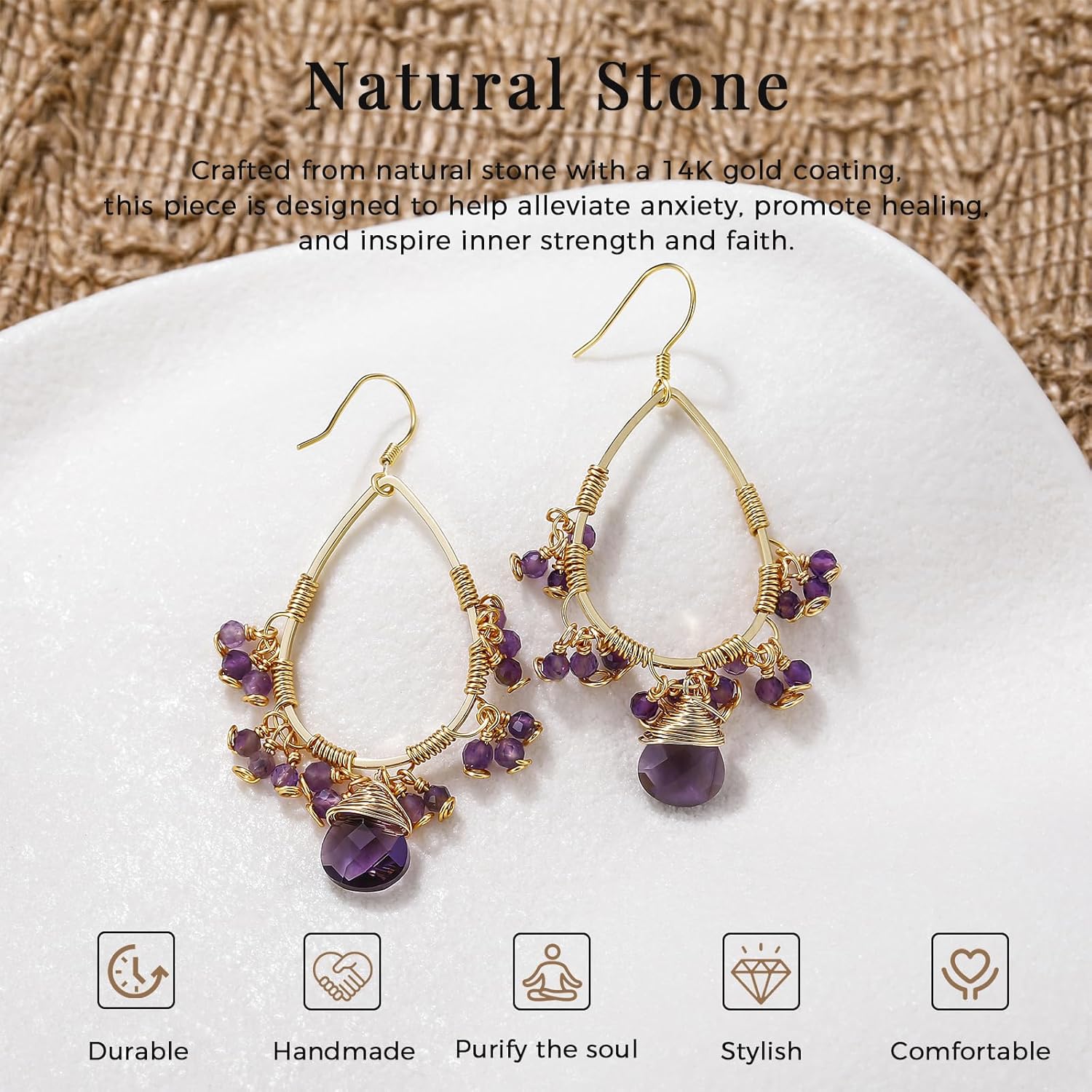 Boho Crystal Dangle Earrings for Women Natural Gemstone Vintage Purple Hook Drop Earrings Handmade Summer Vacation Jewelry for Women Amethyst/Rose Quartz 14K Gold Plated - Image 3