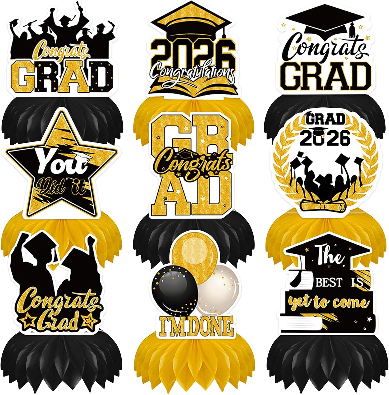 9 PCS Graduation Table Decorations, Class of 2026 Congrats Grad Honeycomb Centerpieces Graduation Table Toppers for Class of 2026 Grad Party Decor Supplies