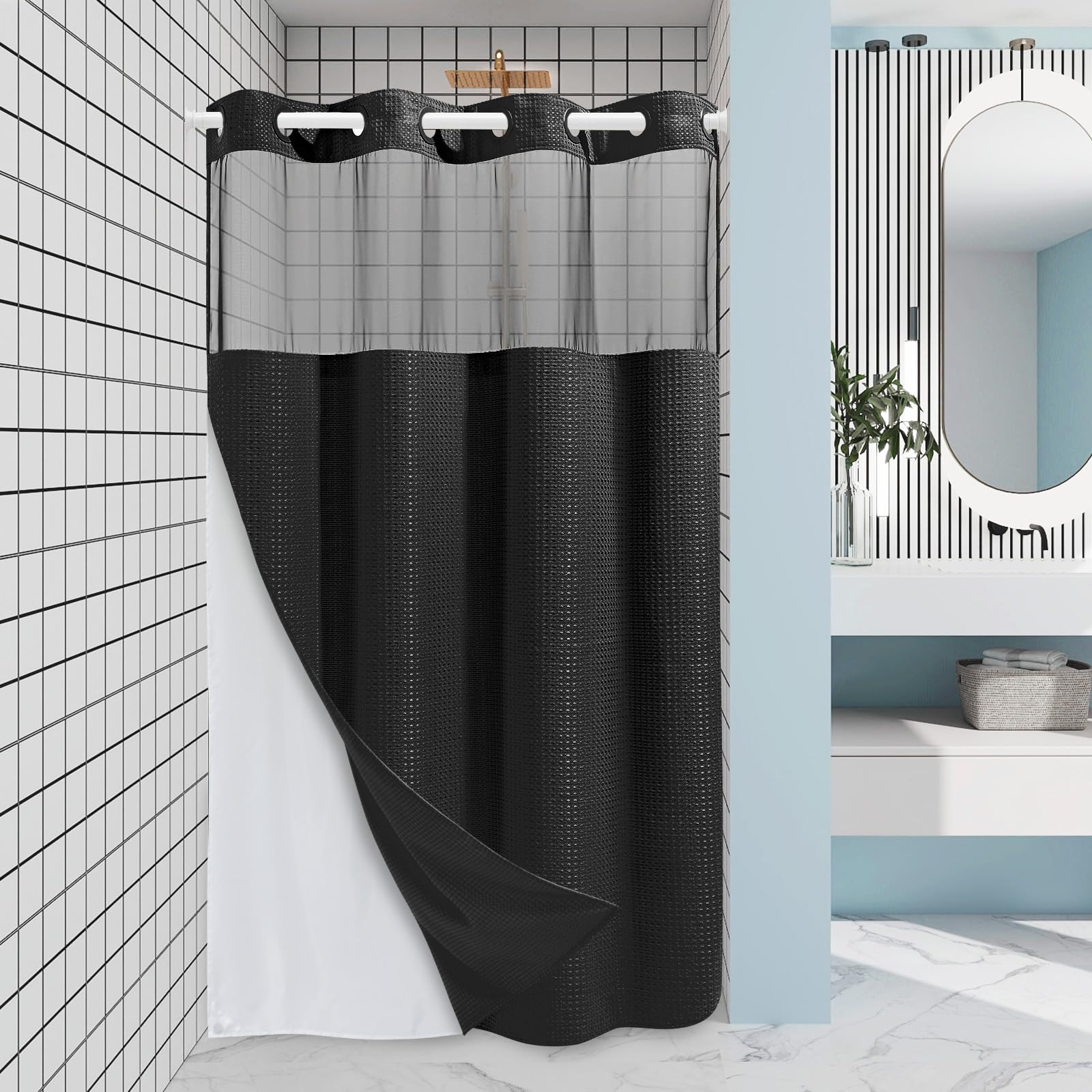 EUTXL Stall No Hook Shower Curtain with Snap in Liner,230GSM Waffle Weave Shower Curtains for Bathroom,60W x 74H,Black