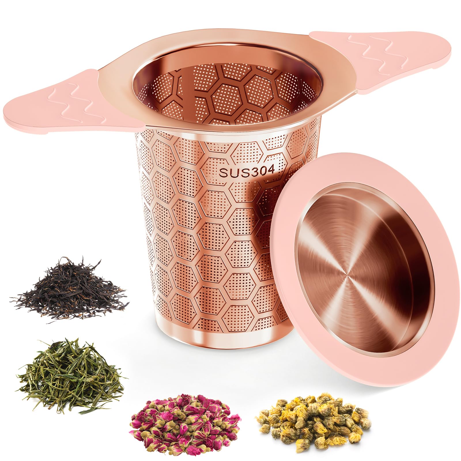 Tea Infuser for Loose Leaf Tea,Stainless Steel Tea Strainer with Silicone Handles,Extra Fine Mesh Tea Strainers for Loose Tea Filter Fine Tea Leaves Effectively,Fits TeaPots/Mugs (Rose gold)
