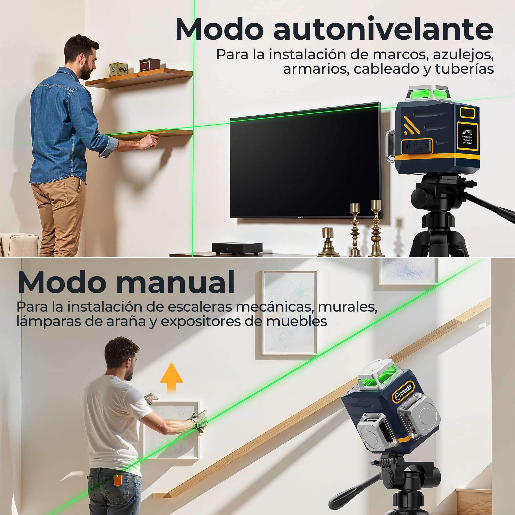 CIGMAN CM701 Nivel Láser de Línea, Autonivelante 360 Grados, 3x360°, 3D Nivelador, 30M Alcance, Con Control Remoto, Doble Soporte, Estuche acolchado, Batería Recargable, IP54