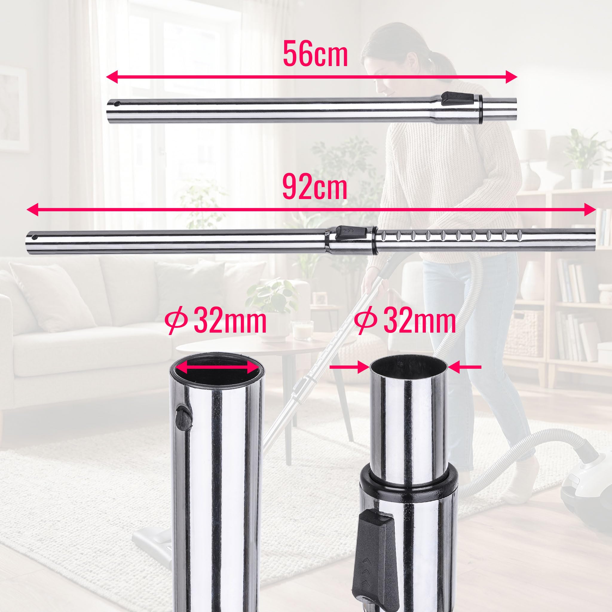 Teleskop-Rohr 56-92cm Saugrohr Anschluss 32mm passt für Staubsauger u.a. AEG Bosch Dirt Devil EIO ELECTROLUX Miele Philips ROWENTA Siemens und andere